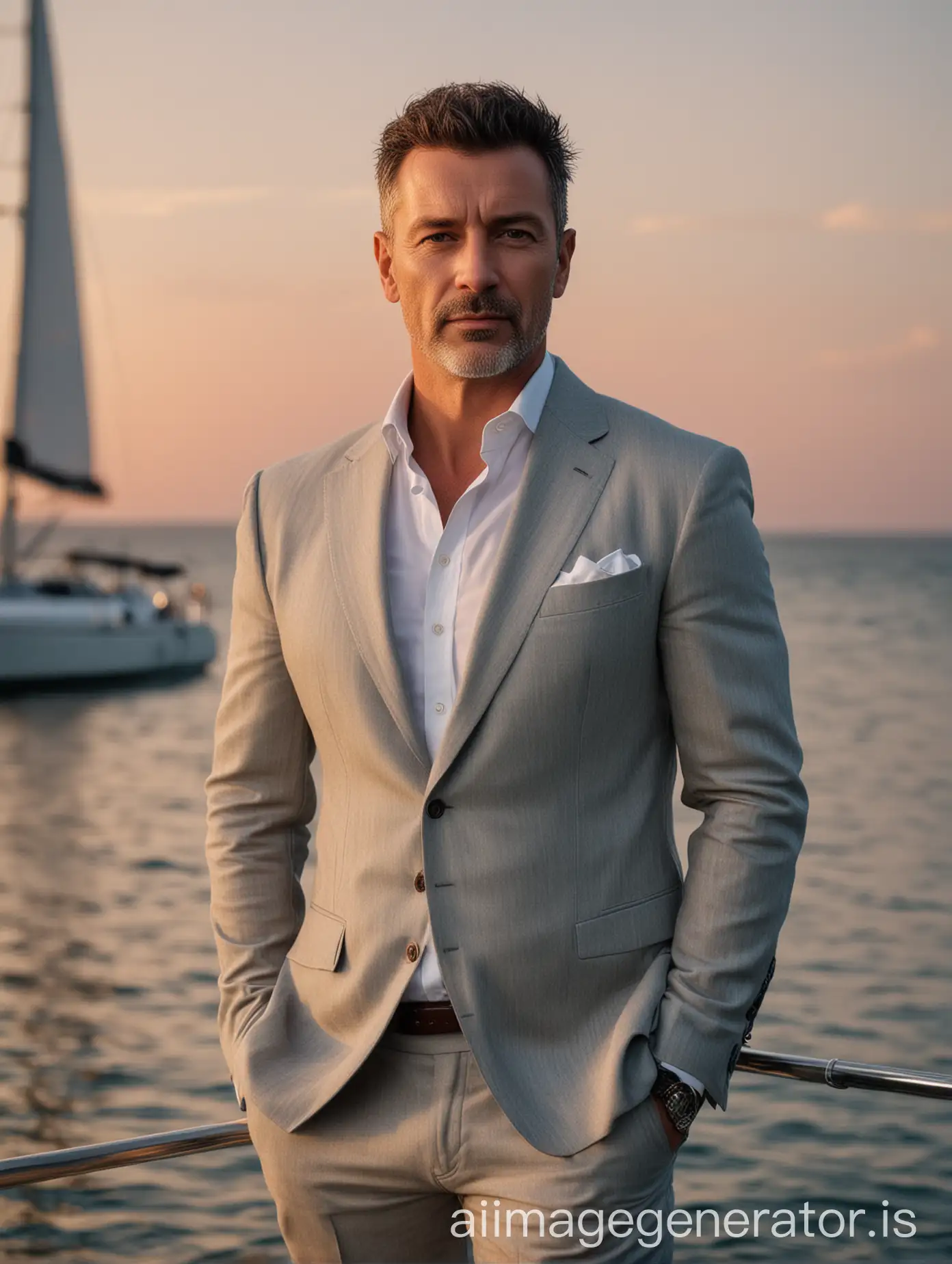 beautiful elegant irish  businessman 44 years old wearing casual Armani style wear staing an sea yacht at sunset at vacation Without tie perfectly business casual style  like big boss grey eyes very short hair
