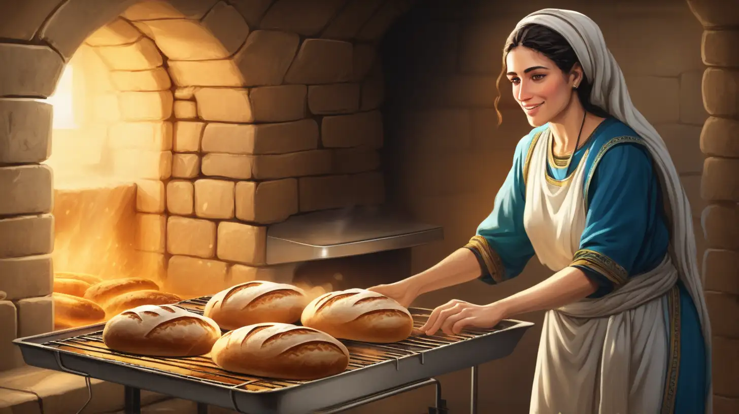 Biblical Era Woman Baking Bread in Oven Graceful Hebrew Beauty
