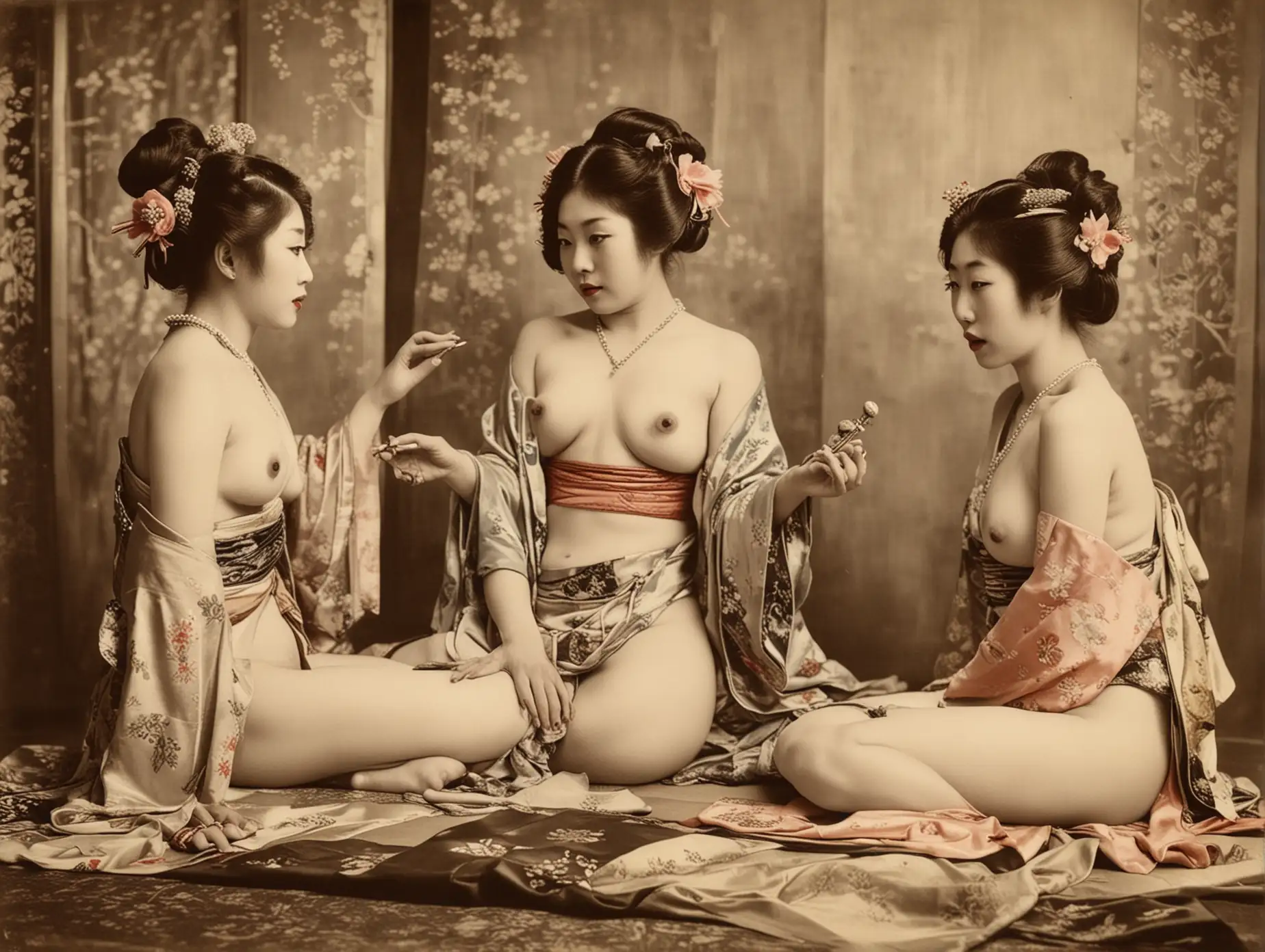 vintage tinted photo of two or three sensual Japanese courtesans, comparing naked, Yoshiwara boudoir, 1920s