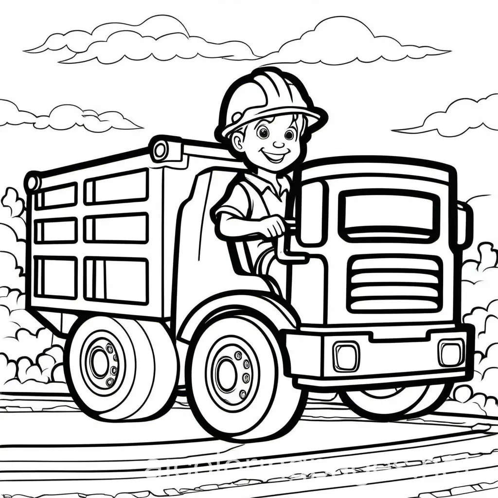 A cute construction truck with a small driver wearing a hard hat, coloring page, line art, background, simplicity, wide white space. The coloring page background is clear white to facilitate young children coloring within the lines easily. The broad lines for all subjects are easy to distinguish, making it easy for children to color without much difficulty. Coloring page, line art, white background, simplicity, wide white space. The coloring page background is clear white to facilitate young children coloring within the lines easily. The broad lines for all subjects are easy to distinguish, making it easy for children to color without much difficulty. Coloring page, white, line art, background, simplicity, wide white space. The coloring page background is clear white to facilitate young children coloring within the lines easily. The broad lines for all subjects are easy to distinguish, making it easy for children to color without much difficulty., Coloring Page, black and white, line art, white background, Simplicity, Ample White Space. The background of the coloring page is plain white to make it easy for young children to color within the lines. The outlines of all the subjects are easy to distinguish, making it simple for kids to color without too much difficulty