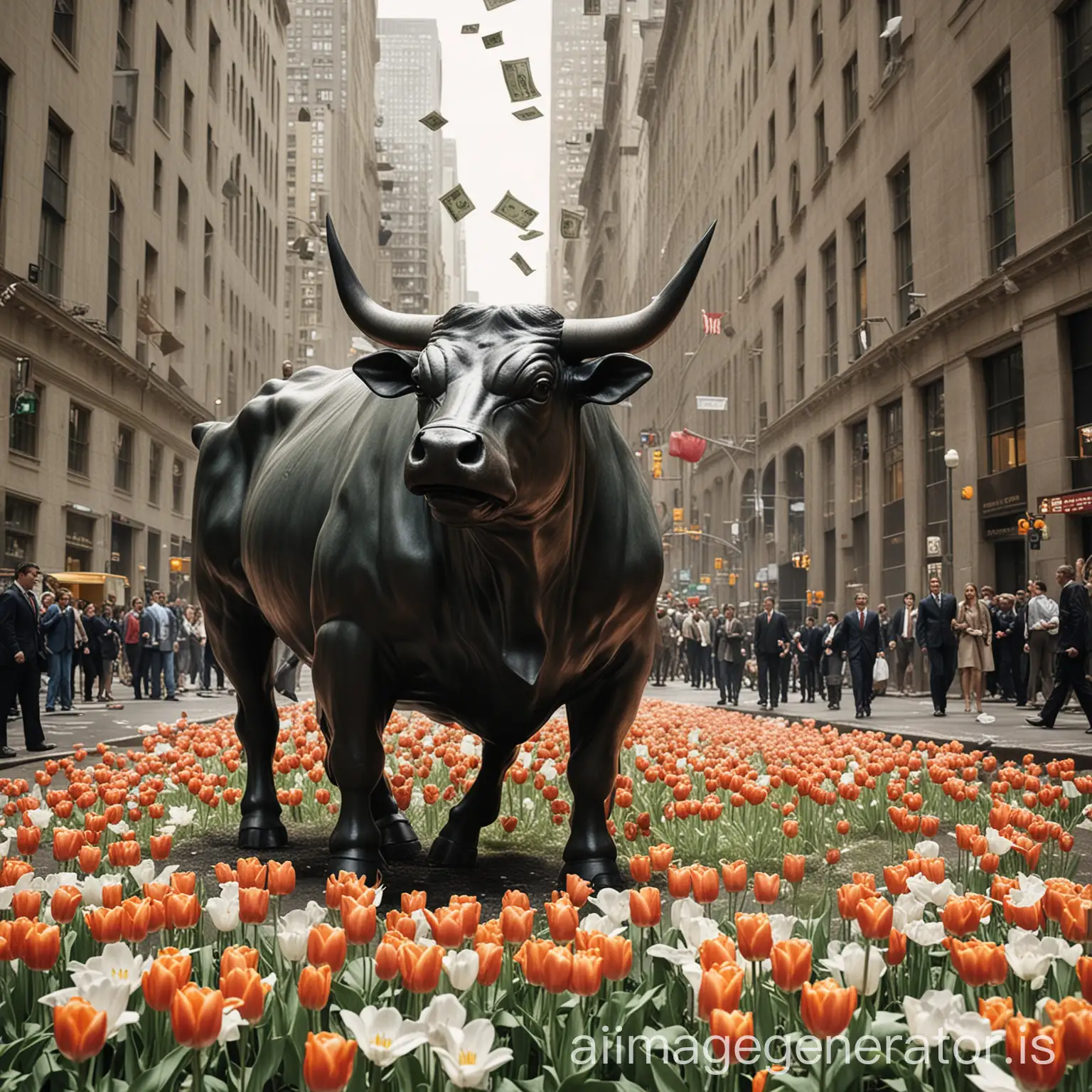 Create an image representing the intersection of greed and uncertainty in Wall Street, New York. Imagine a surreal scene with elements of capitalism, such as the Charging Bull statue and currency, juxtaposed with symbols of fragility and speculation, like tulips and bursting bubbles. Let the AI interpret these themes in its own unique way, conveying the complexities and contradictions of the financial world.