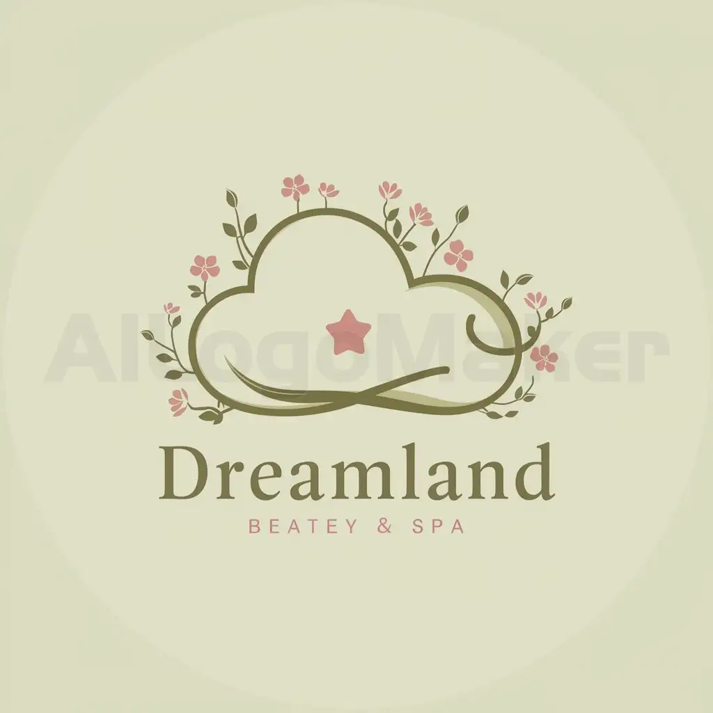 a logo design,with the text "dreamland", main symbol:The logo is composed of two main elements: a stylized cloud shape and a star symbol. The cloud shape is formed by a curved line with a slight bend at one end, giving it a subtle sense of .The cloud has a shape resemble a pillow The line is thick and smooth, suggesting a soft and dreamy quality. Colors: The primary colors used are green and pink, giving a spring vibe . Additional Elements: Flower branches and leaves cling around the edge of the clouds.,Minimalistic,be used in Beauty Spa industry,clear background