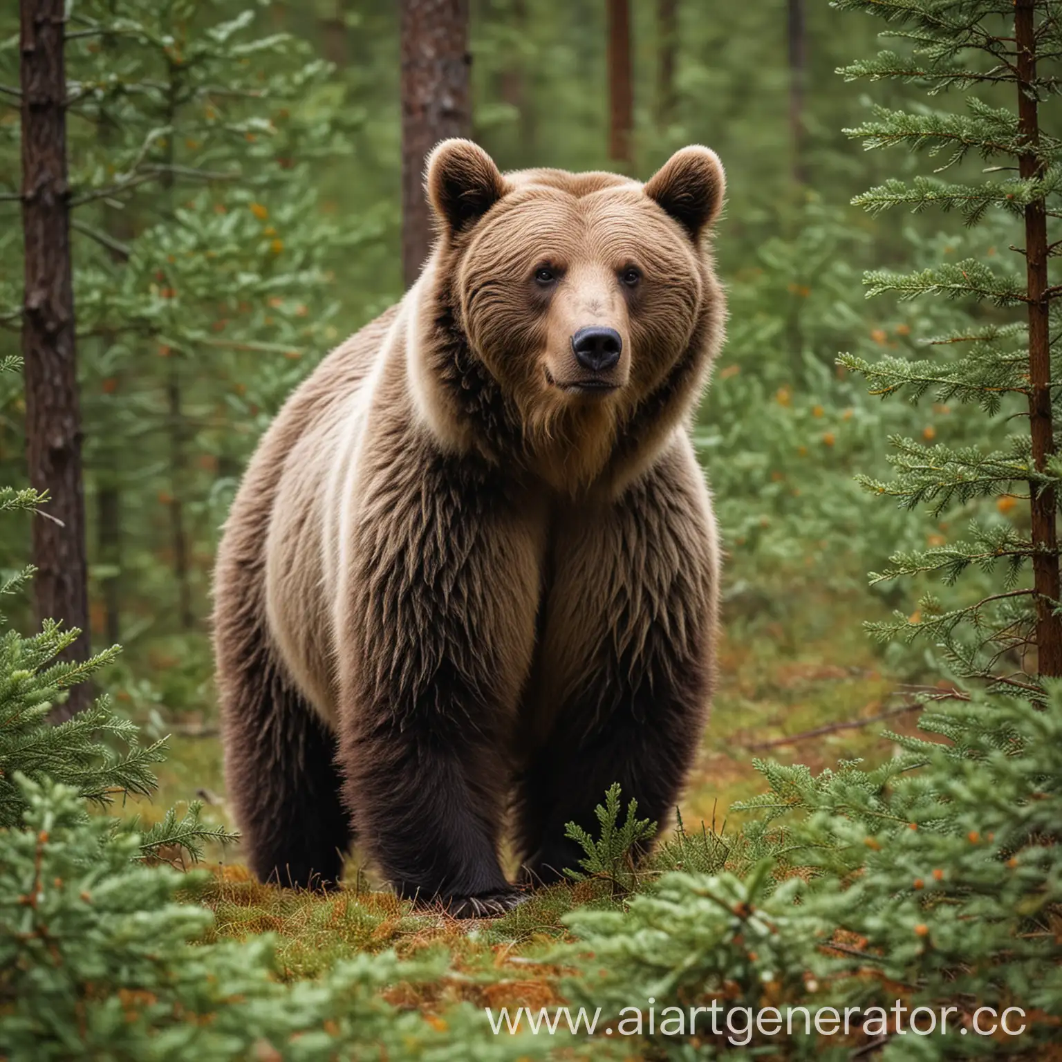 Бурый медведь в еловом лесу