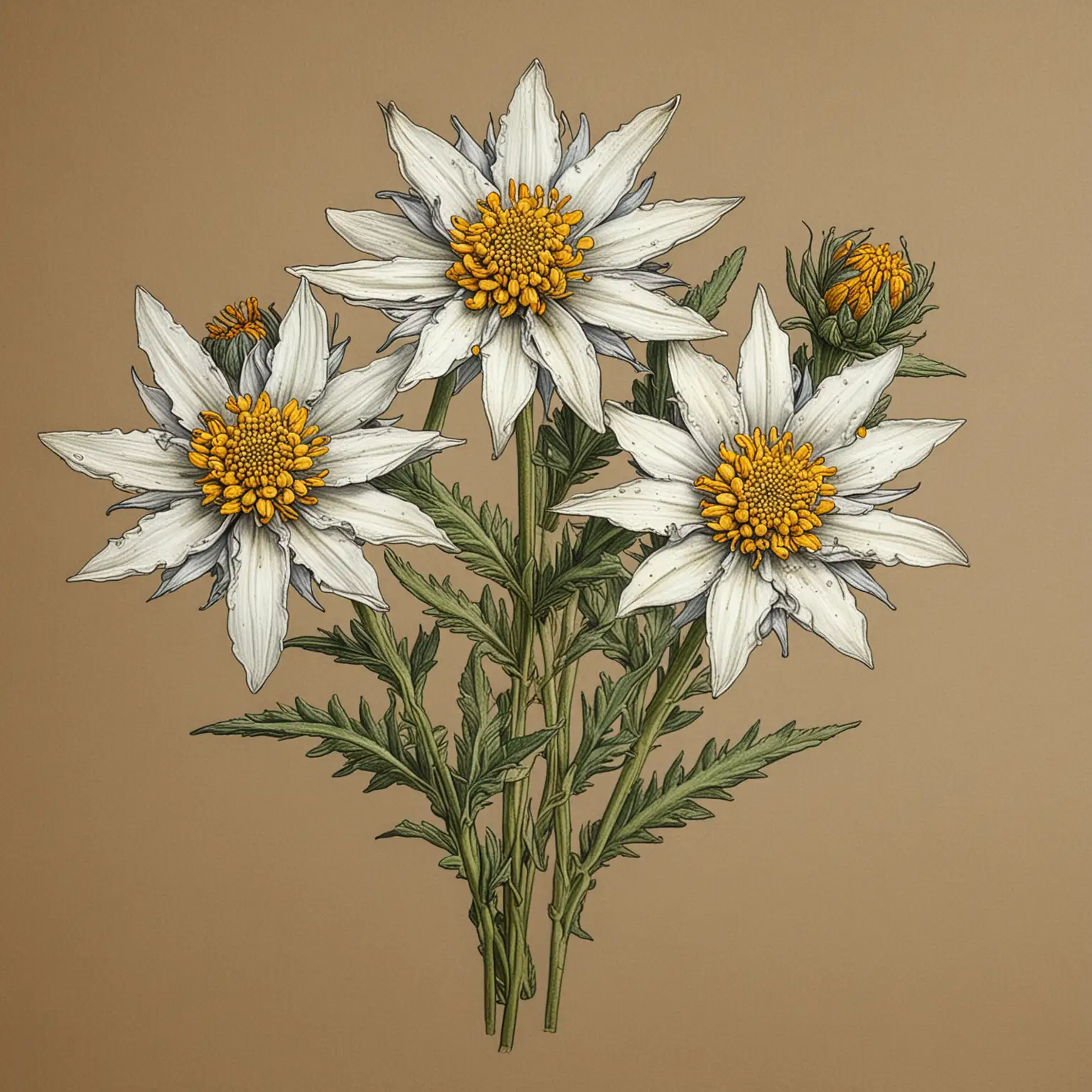 three edelweiss flowers with stems arranged horizontally next to each other, detailed color drawing