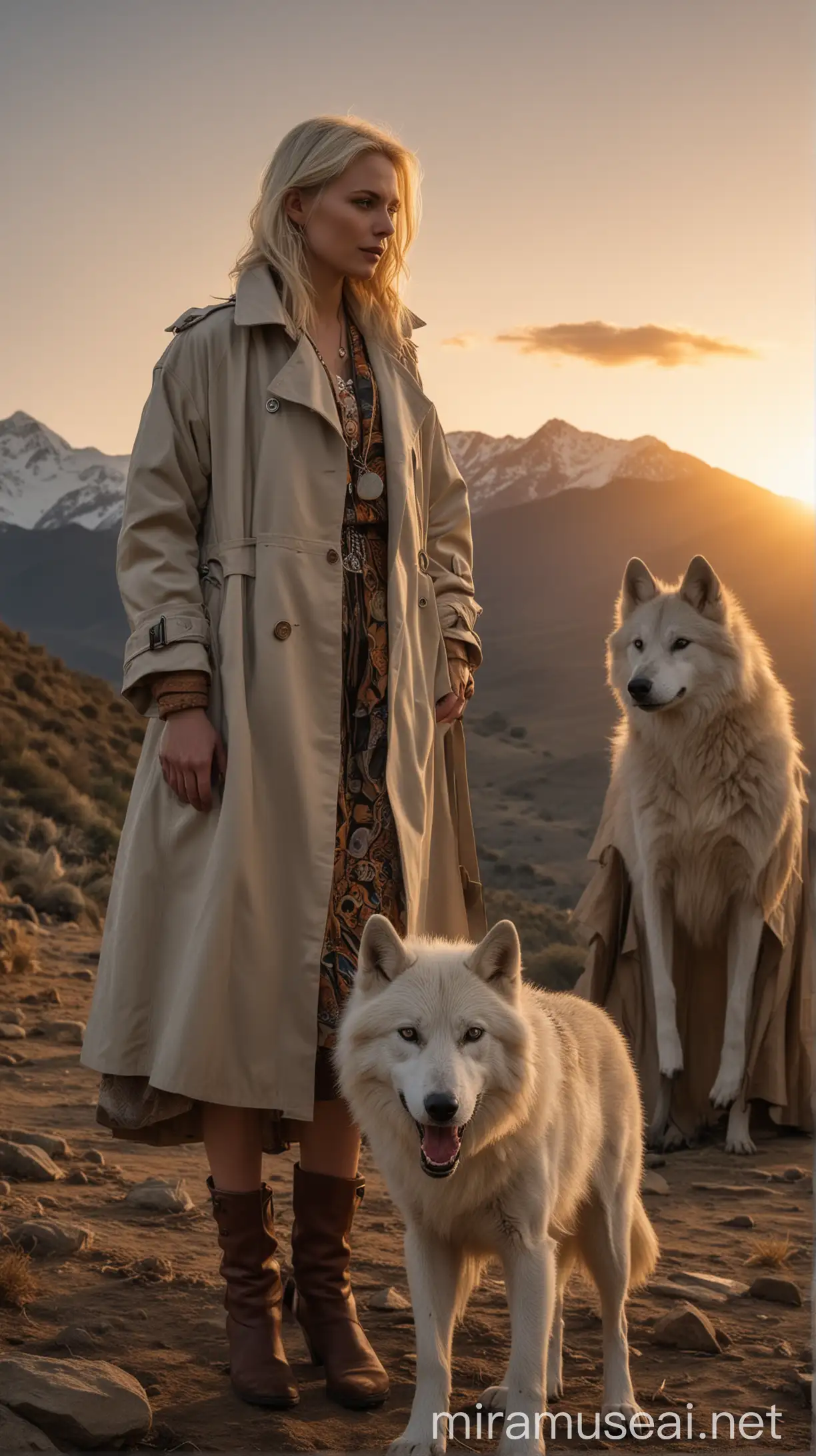 Movie poster, 40 year old man in a trench coat standing left, 30 year old blonde woman in an exotic dress standing right, a white wolf like dog in the middle, a sunset, mountain range, Taken with a Sony ZV-1 at 24mm focal length 