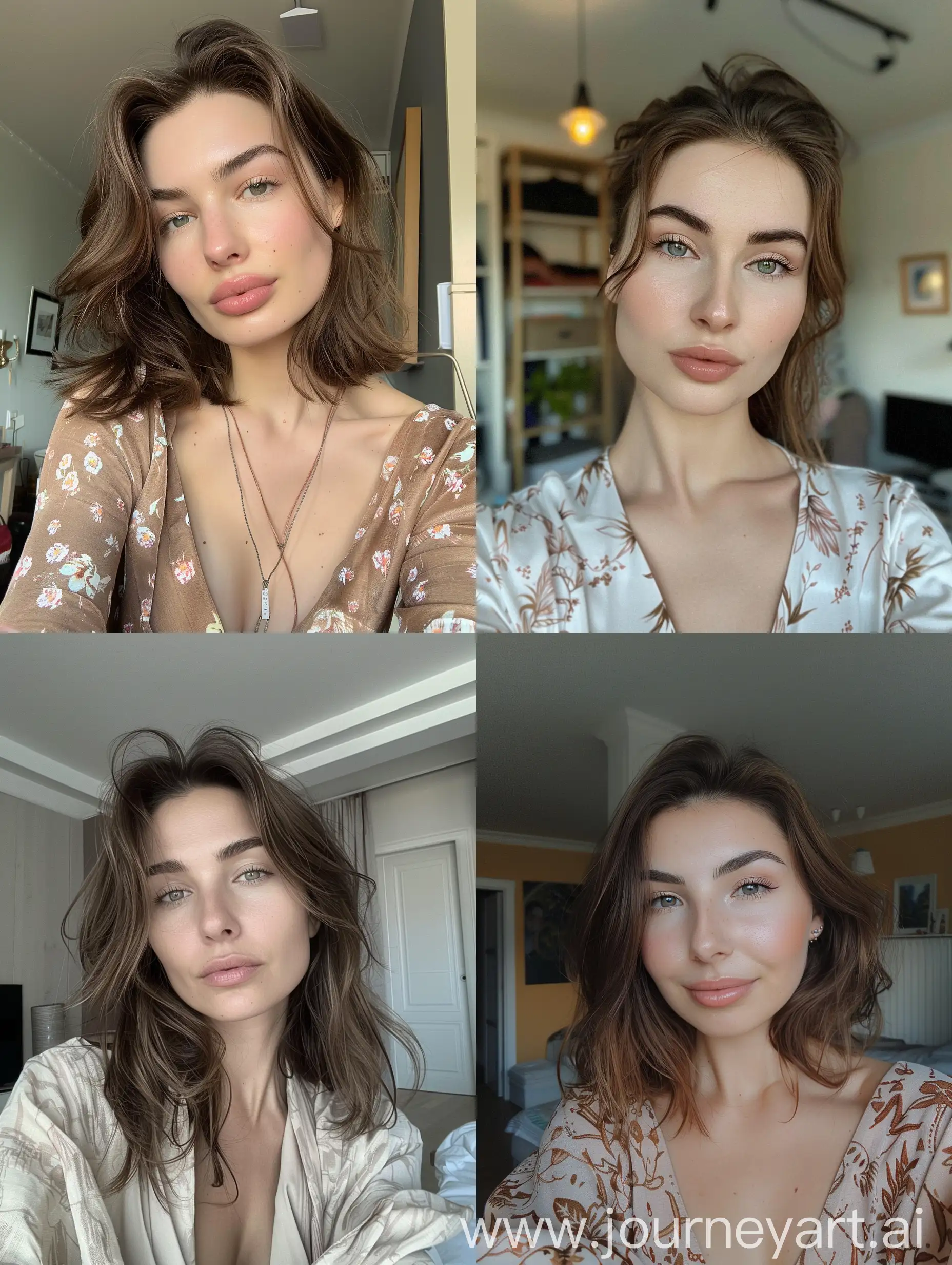 Interior selfie of a beautiful woman with beautiful Slavic features, clear view of her face, home interior background, wearing different clothes, shot on a low camera quality phone, suitable for account verification purposes,