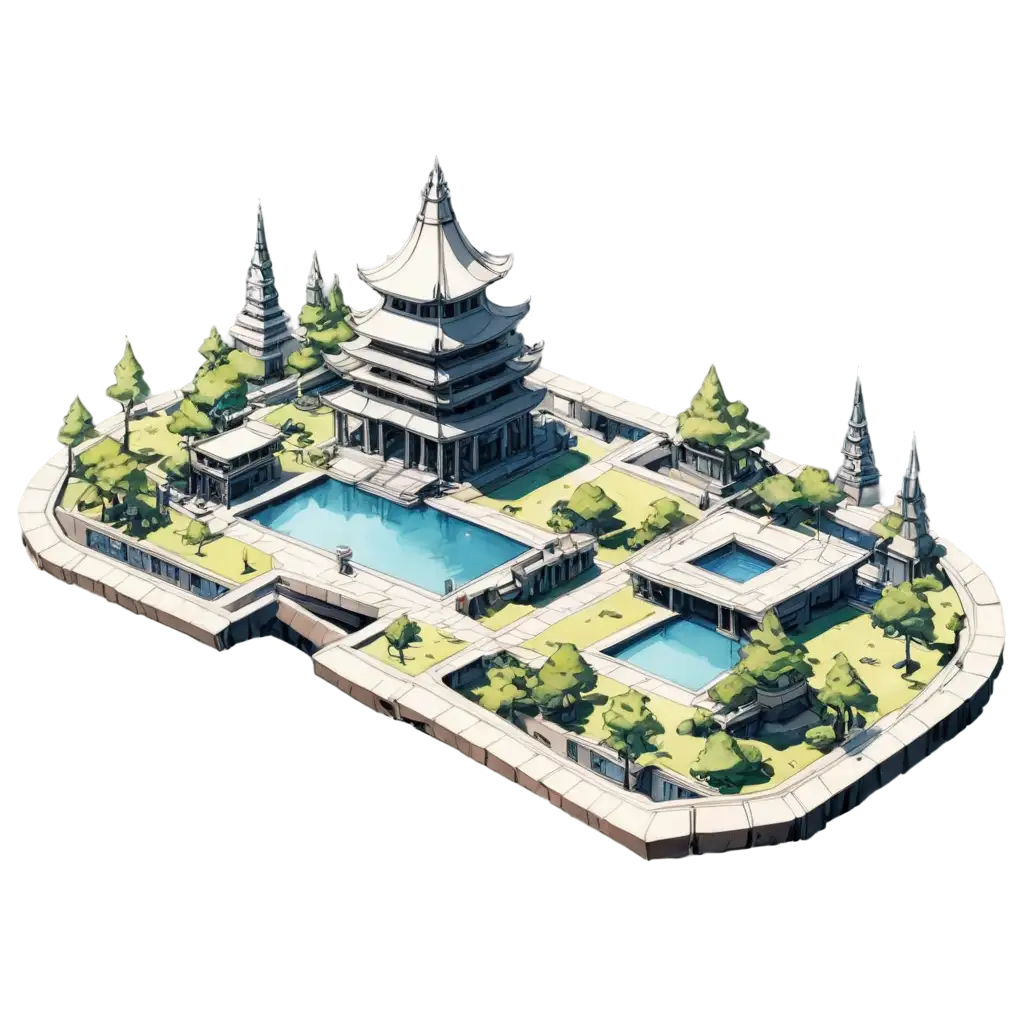 IOSMETRIC FUTURISTIC TEMPLE CITY WITH POND PEN AND INK ANIME TOP VIEW
