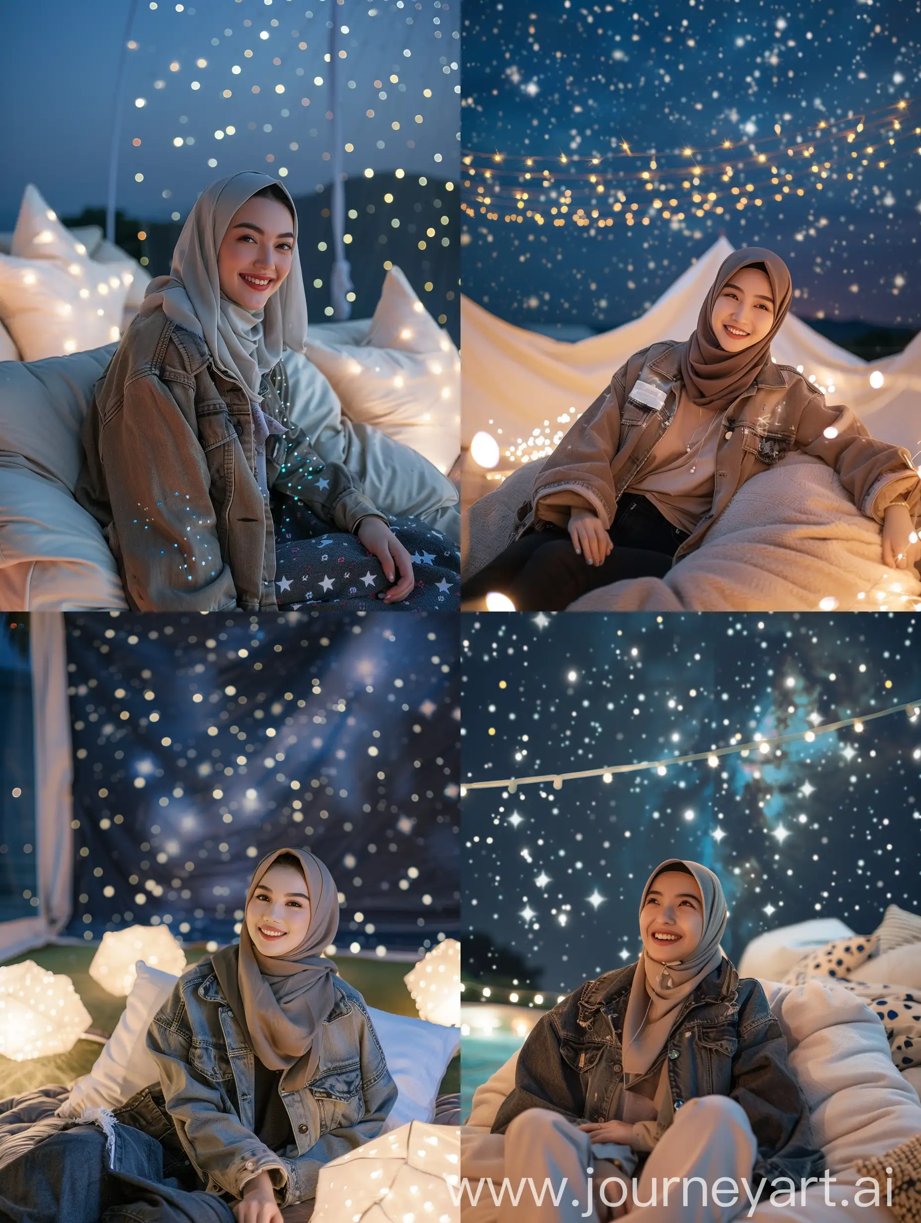 Fotografi sinematik, wanita hijab cantik thailand mengenakan jaket trucker crem. Fokus fokus duduk di bioskop luar ruangan dengan bean bag dan lampu senar putih, suasana nyaman dan tenang, pemandangan sinematik, tempat nongkrong remaja, setting film, suasana malam berbintang, gambar diam bioskop, luar ruangan, ruang setting luar ruangan, bioskop arthouse, tersenyum melihat ke arah kamera