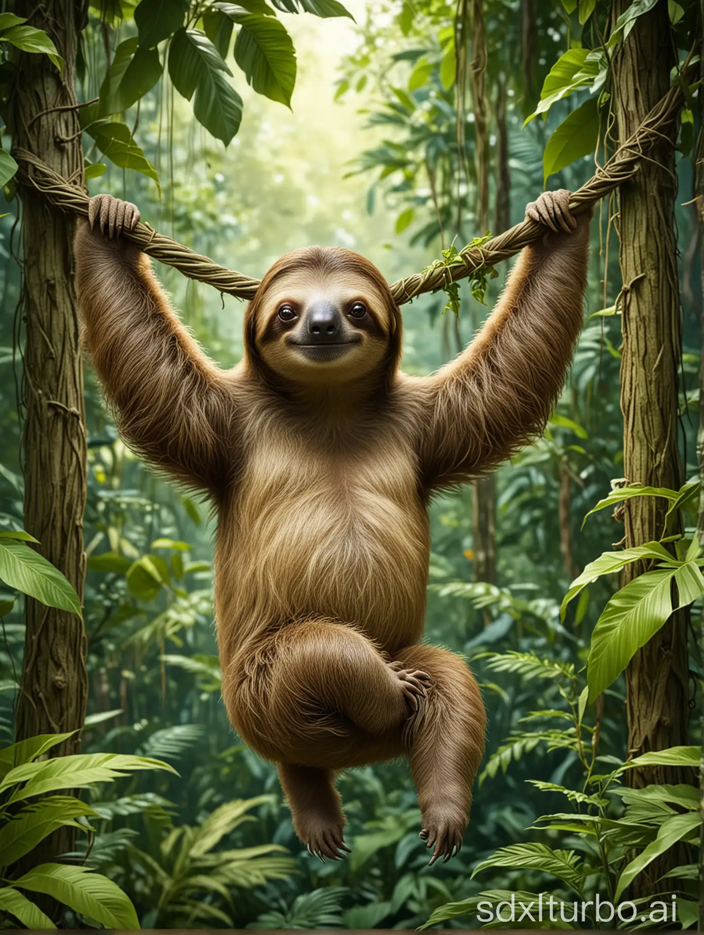 Create a wallpaper of a sloth lazily hanging on vines in a tropical rainforest, with lush green vegetation in the background.