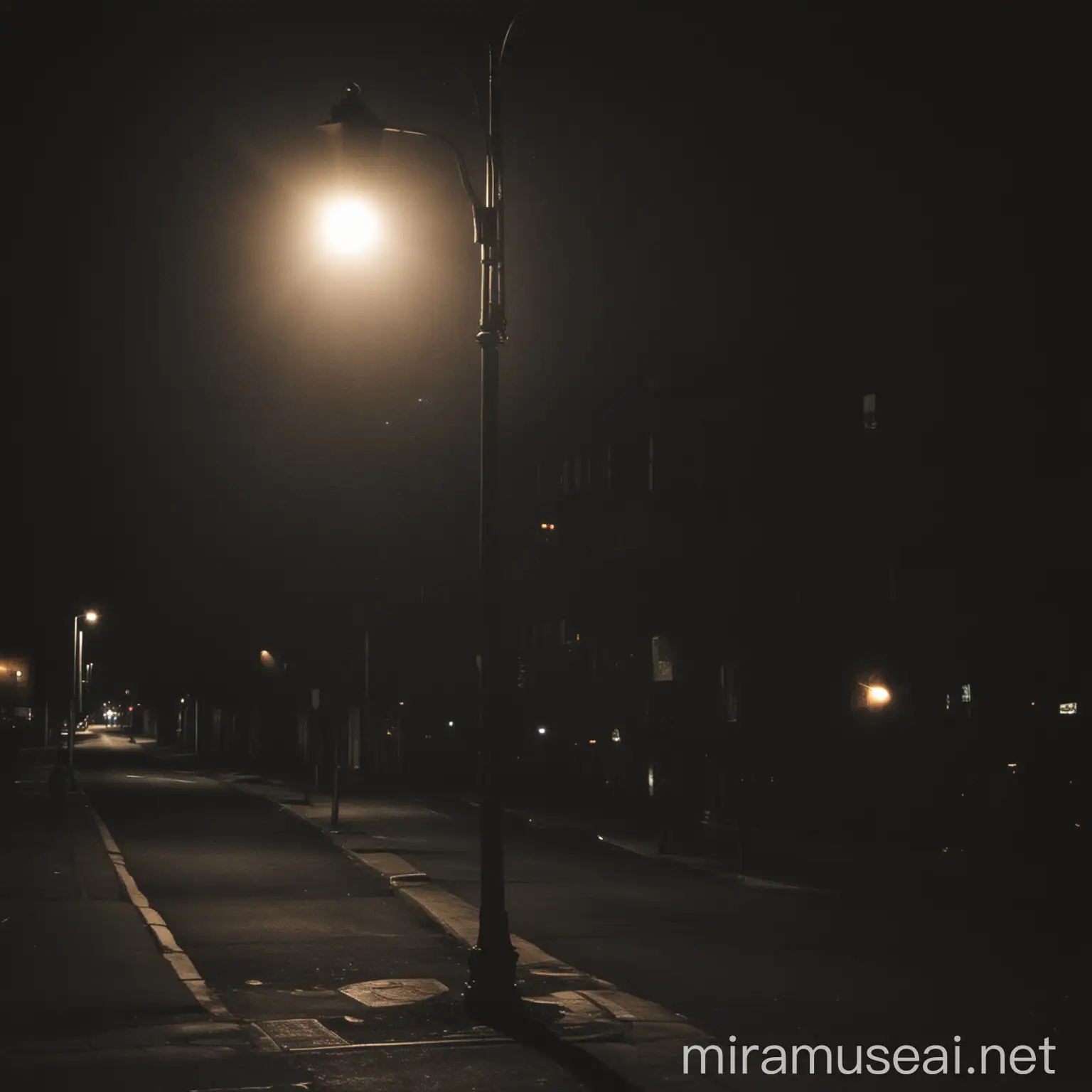 A streetlight shining on a dark street at night