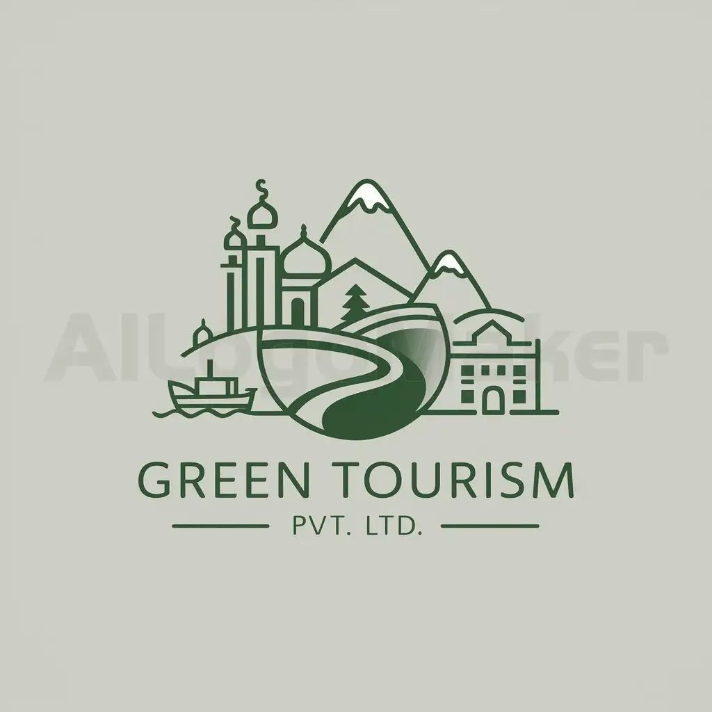 a logo design,with the text "Green Tourism pvt ltd", main symbol:Mosque Boating Hiking Mountains Hotels Buddhism archeologic,Moderate,clear background