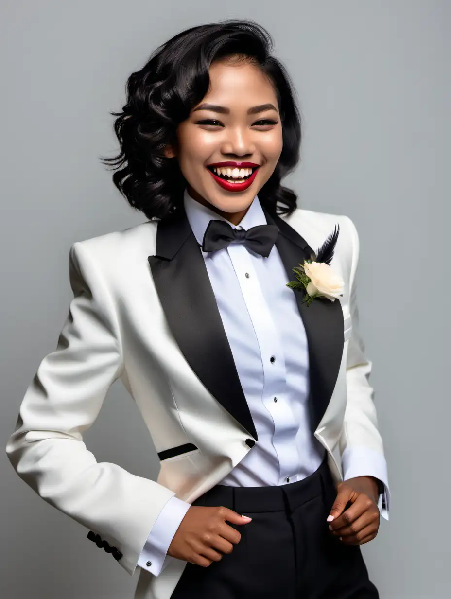 Beautiful dark skinned Thai woman with shoulder length hair and lipstick wearing a tuxedo with an ivory jacket. Her shirt is white with double French cuffs and a wing collar. Her bowtie is black. Her cummerbund is black. Her cufflinks are black. She is smiling and laughing. Her jacket is open.