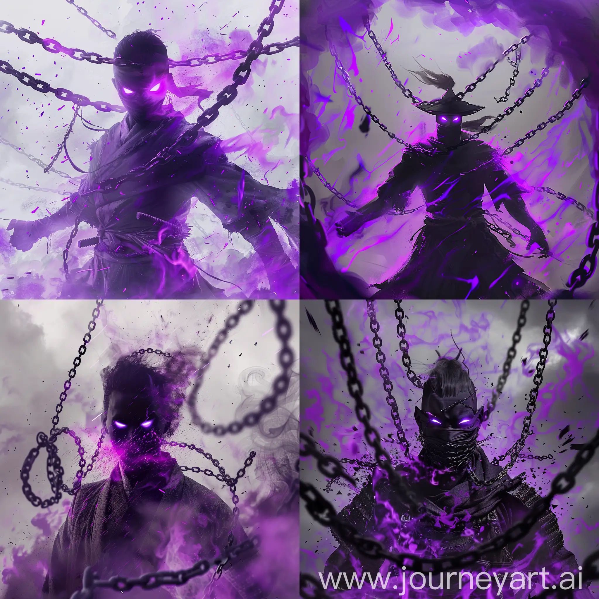 сгенерируй теневого самурая без лица, у него светятся глаза фиолетовым цветом, вокруг летают цепи и фиолетвый дым