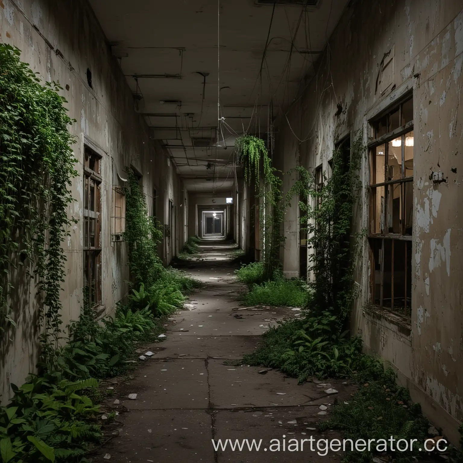 Заброшенная псих больница, на улице ночь, внутри, везде свисают растения