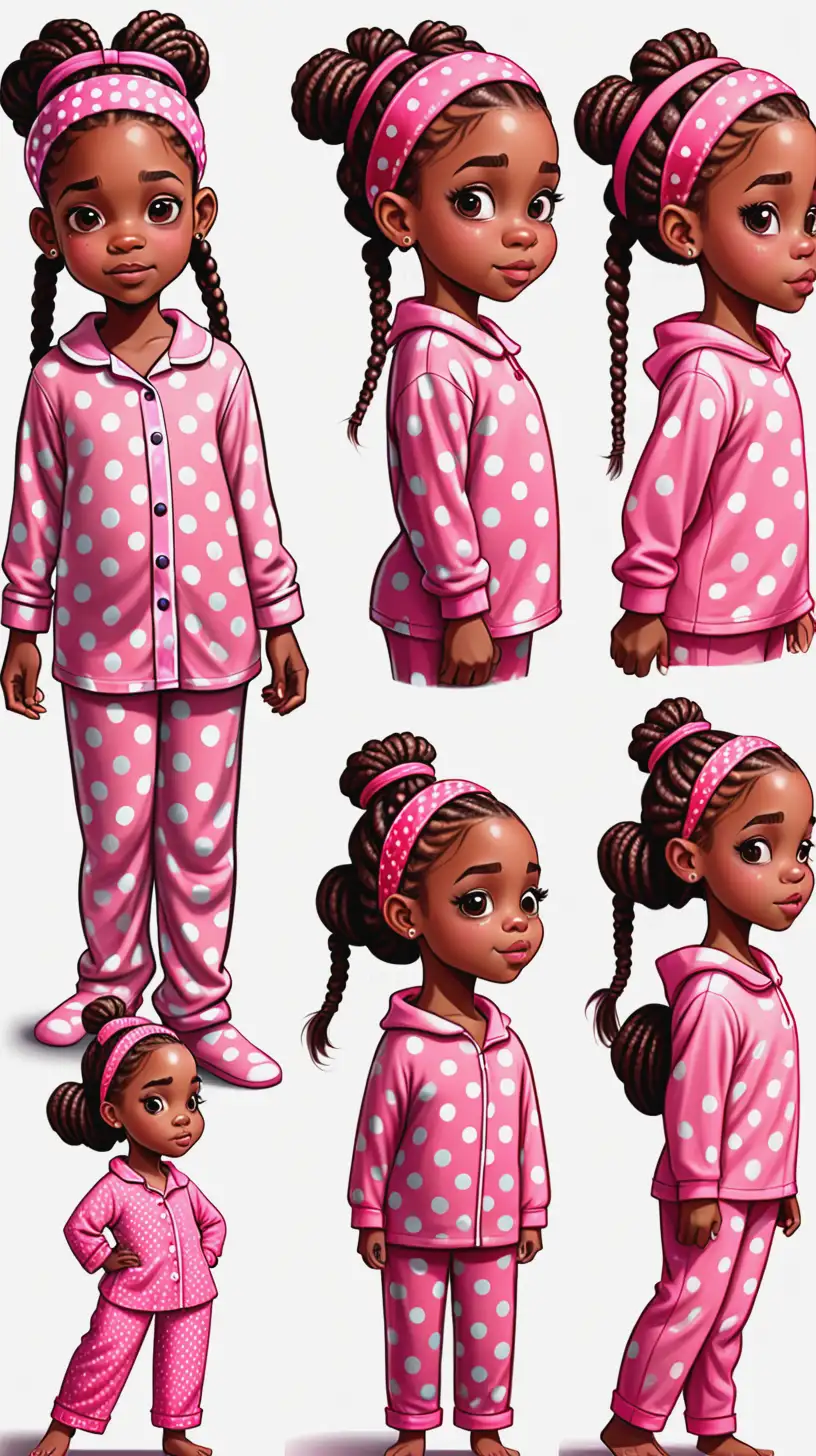 Cartoon African American Girl in Pink Pajamas with Braids and Headband