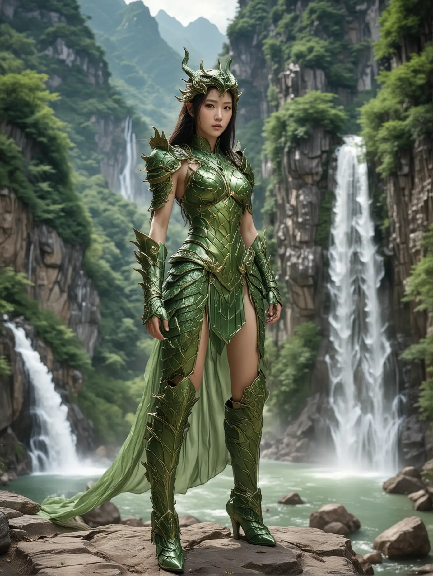 Realpicture Sexy and strong Chinese girl with long hair with Green Divine Dragon Armor, Green Divine helmet and Green Divine skirt in saint seiya style, huge breasts, half-nude, full body, Chinese mountains and waterfall in the background, best quality, master, realistic face, best quality, Portrait of a boy, realistic 4k, 18k