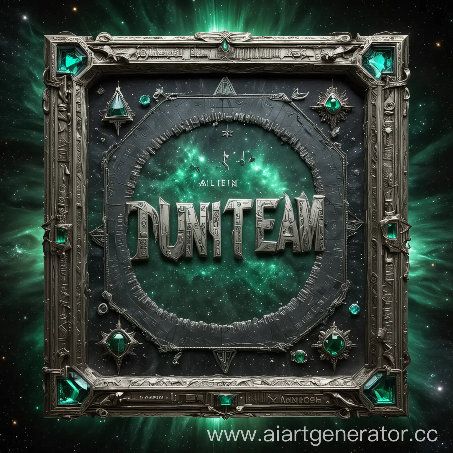 Cosmic-Inscription-DaunTEAM-in-Silver-Frame-with-Emeralds-and-Alien-Symbols
