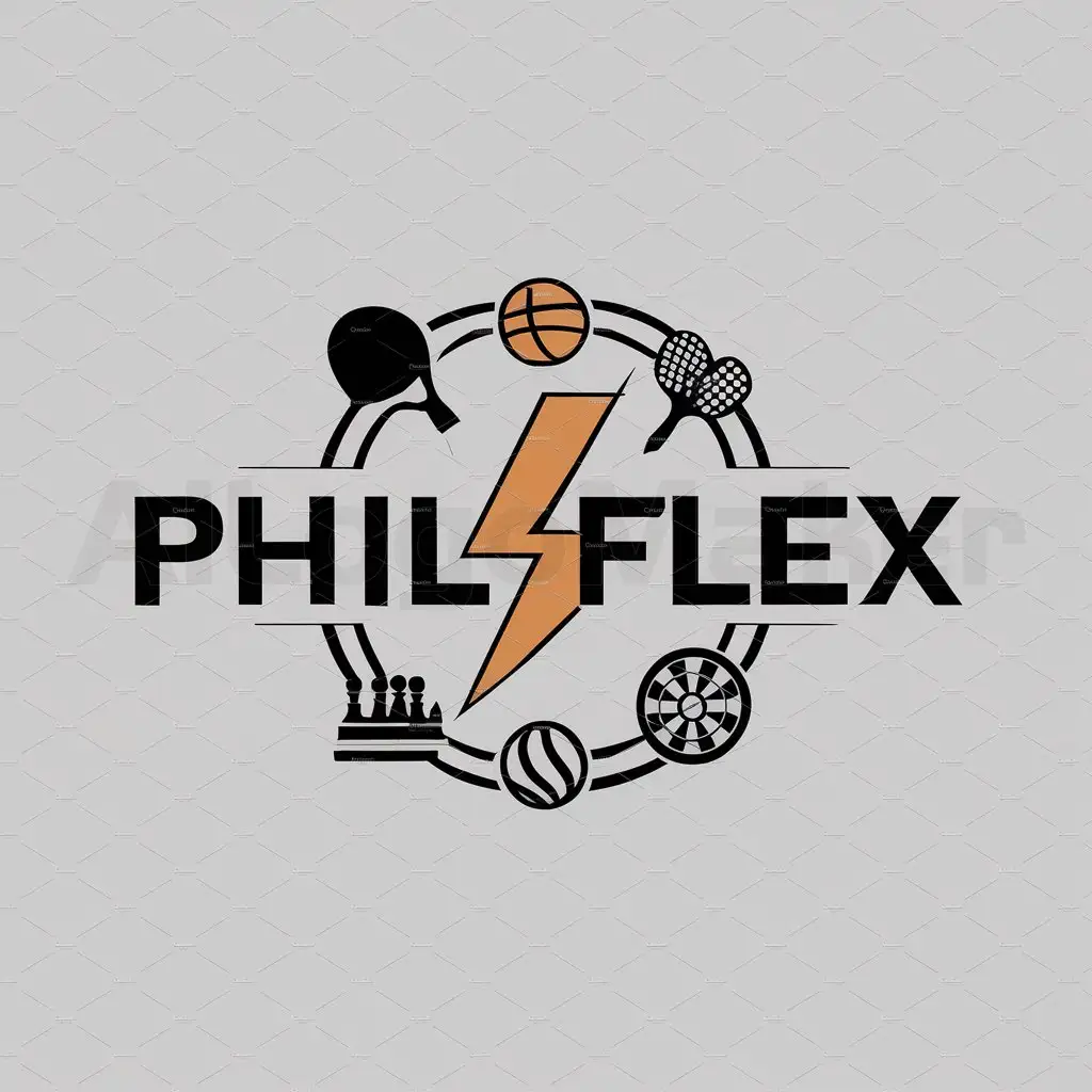 a logo design,with the text "PHILFLEX", main symbol:Lightning bolt, e-sport, basketball, badminton, chess, dart, sportsfest,complex,be used in Sports Fitness industry,clear background