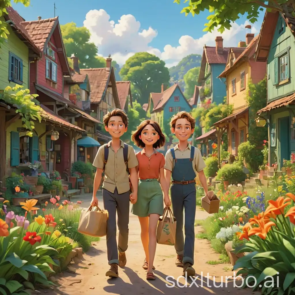 Vibrant-Village-Scene-Lily-Sarah-and-Tom-Planting-Seeds-Under-Sunny-Sky