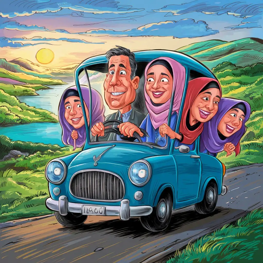 Karikatur keluarga ayah ibu berhijab perempuan berhijab dan dua anak perempuan berhijab mengendarai mobil dengan kepala besar keluar jendela dengan background pemandangan alam