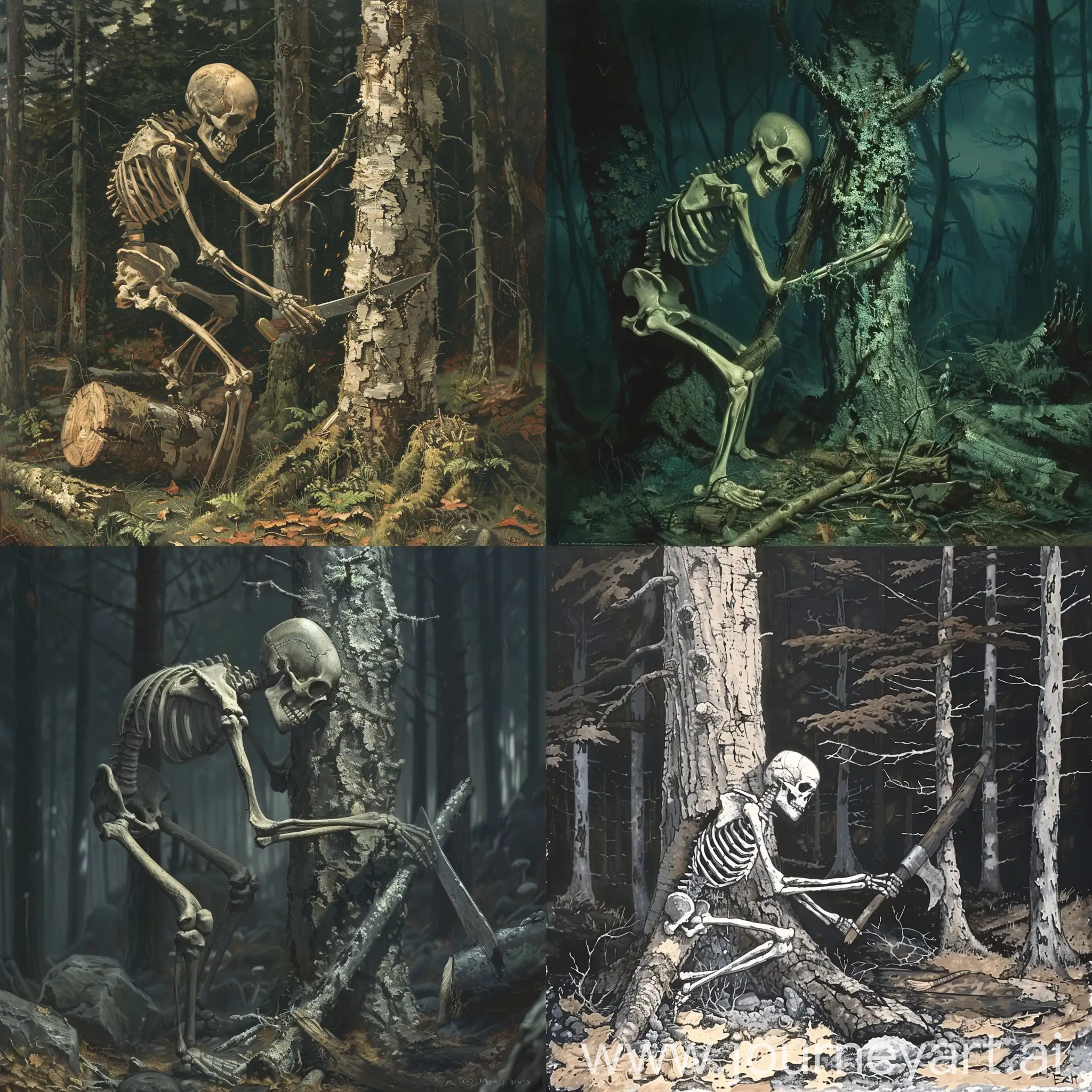 A skeleton is chopping down a tree in the forest