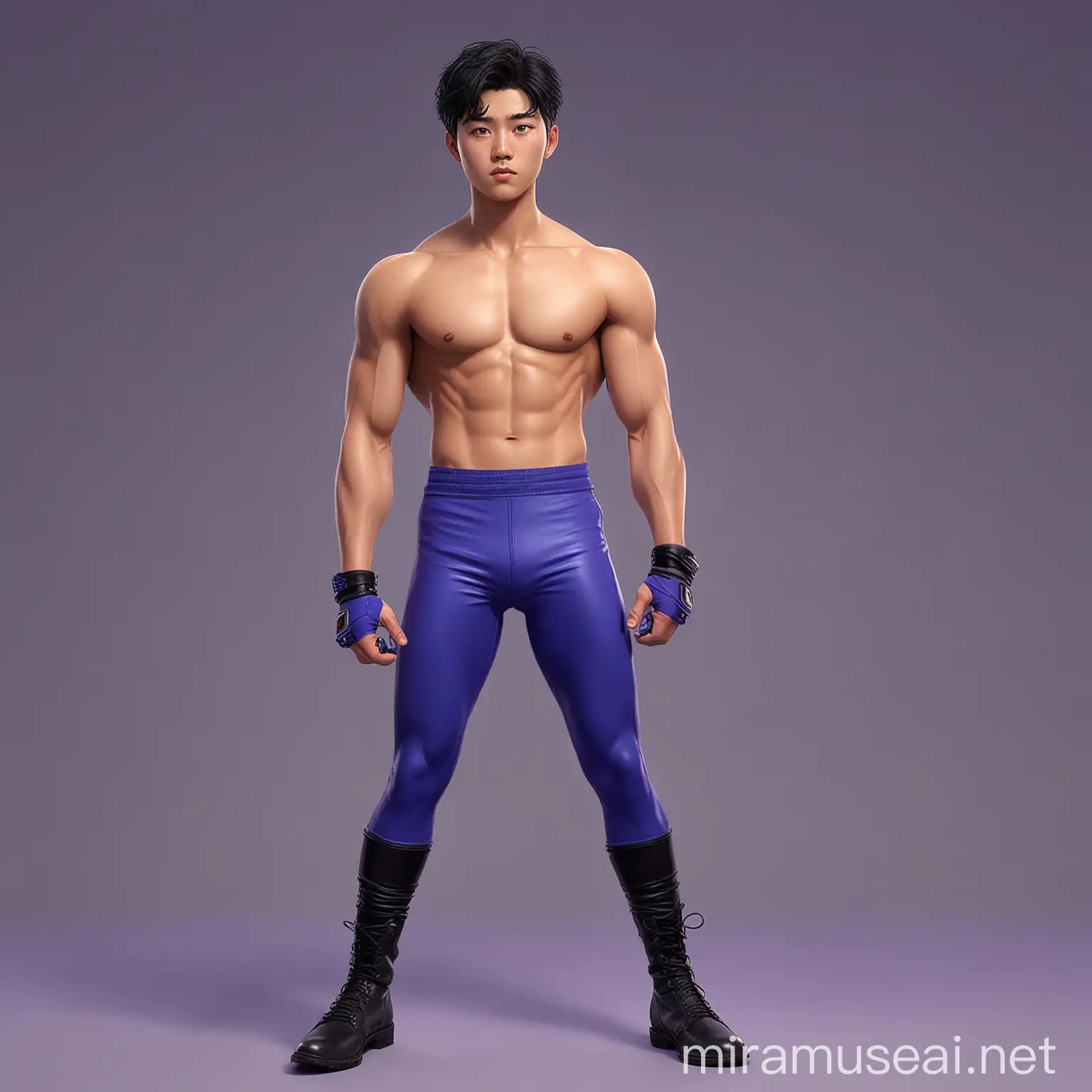 Charming fit shirtless 18 year old male South Korean fighter, with short  black hair , pointed eyebrows, tan skin; wearing long cobalt blue (leaning to purple)/black spandex leggings; black boots and wristbands, in pixar art style.