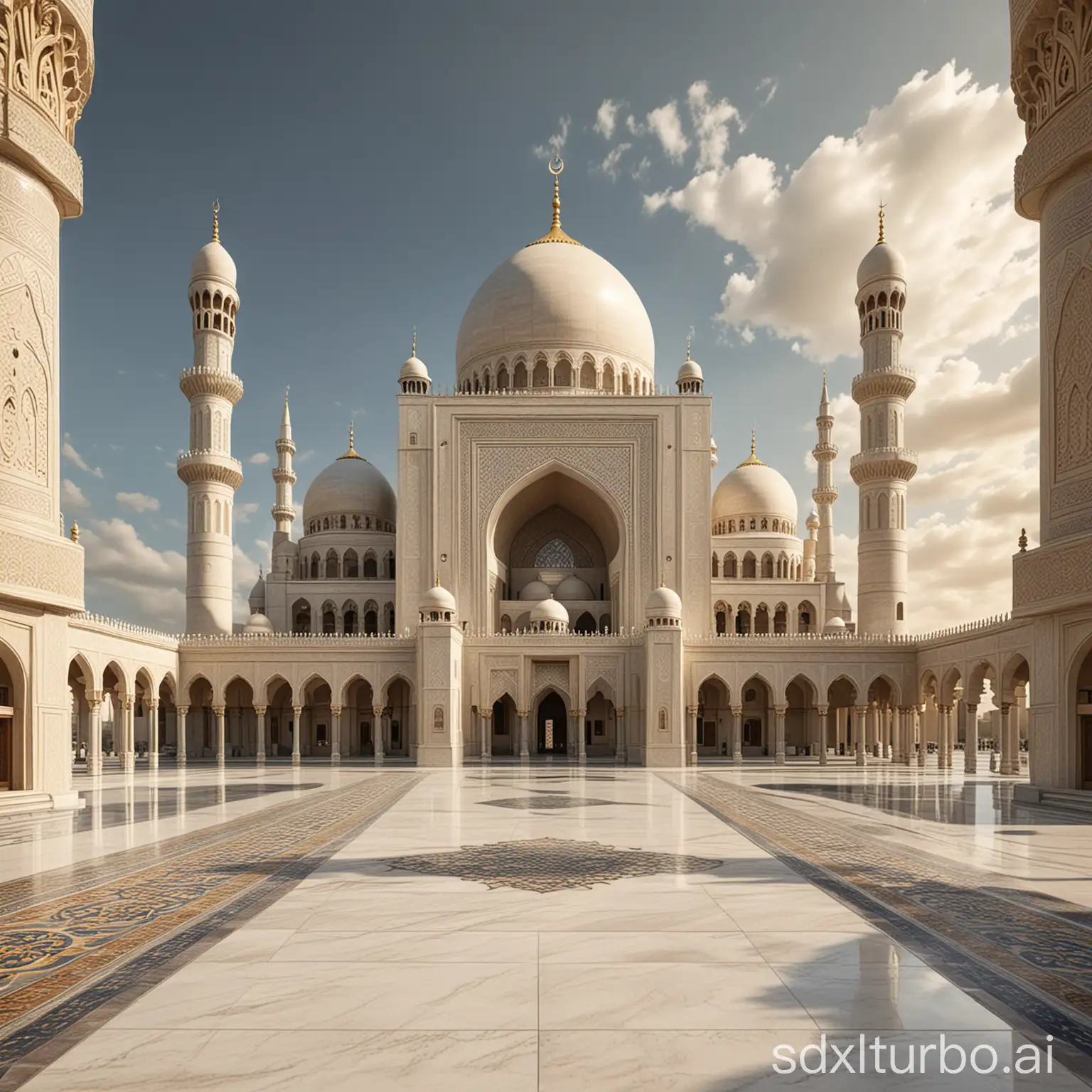 Realistic 3D caricature of background of a large and luxurious mosque, the image display is very detailed, elegant, very high resolution