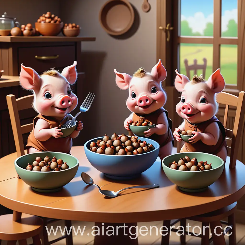Three-Piglets-Eating-Acorns-with-Forks-and-Spoons-Cartoon-Style-Illustration
