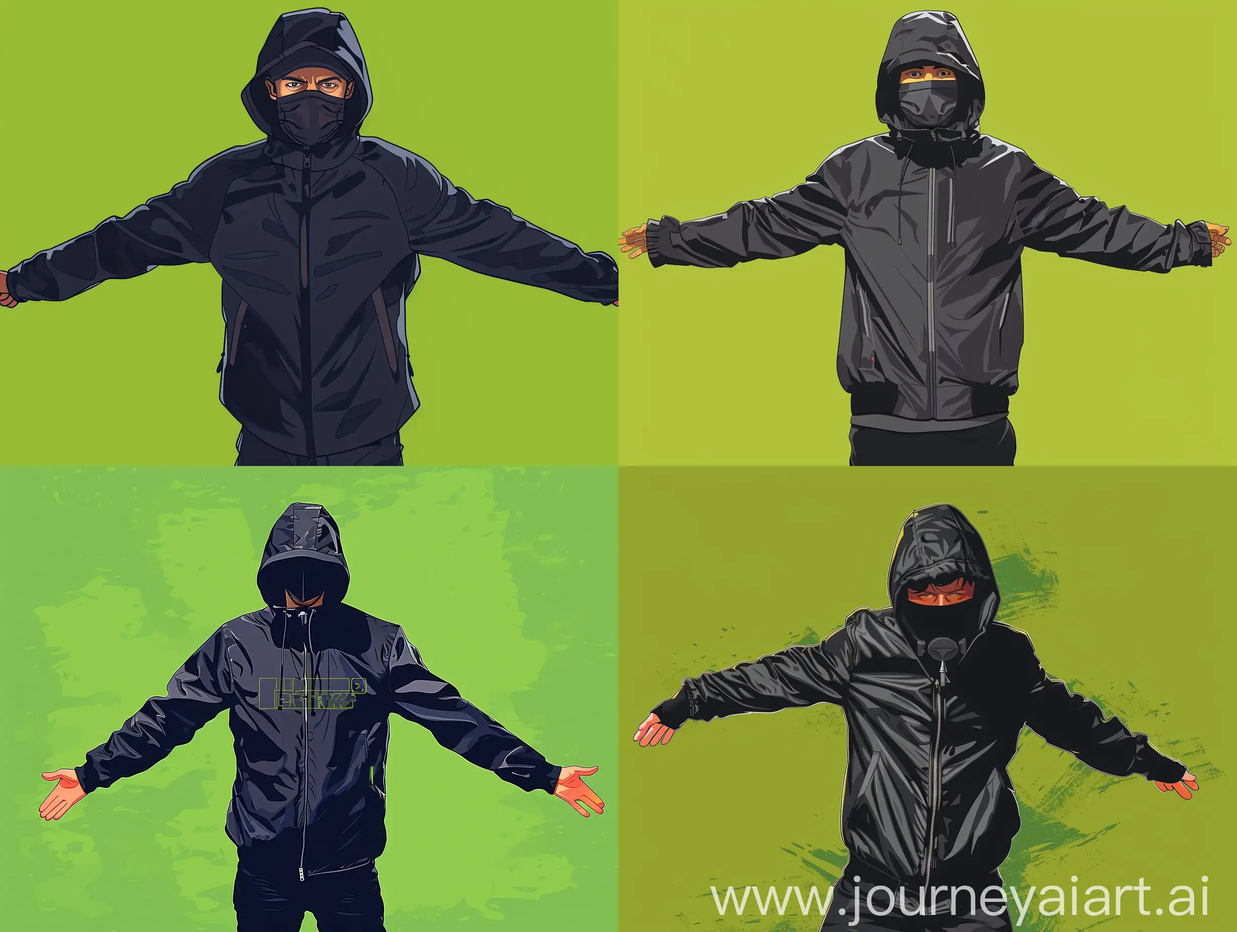 A man in his early thirty wearing a black jacket with a hood up and a mask covering his nose and mouth, on a bright green background in a full-length T pose, he looks in front, his arms are extended to the sides, all in cartoon style