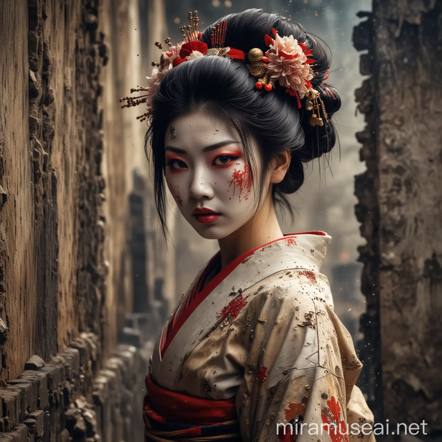 seorang geisha cantik muncul dari dinding tembok yg hancur, dengan efek debu dan percikan puing,Ekspresinya seperti petarung yang tenang namun garang ditangkap dengan beberapa sapuan yang tepat, dengan lembut untuk menunjukkan kedalaman dan emosi, realistis ultra HDR extreme original face 