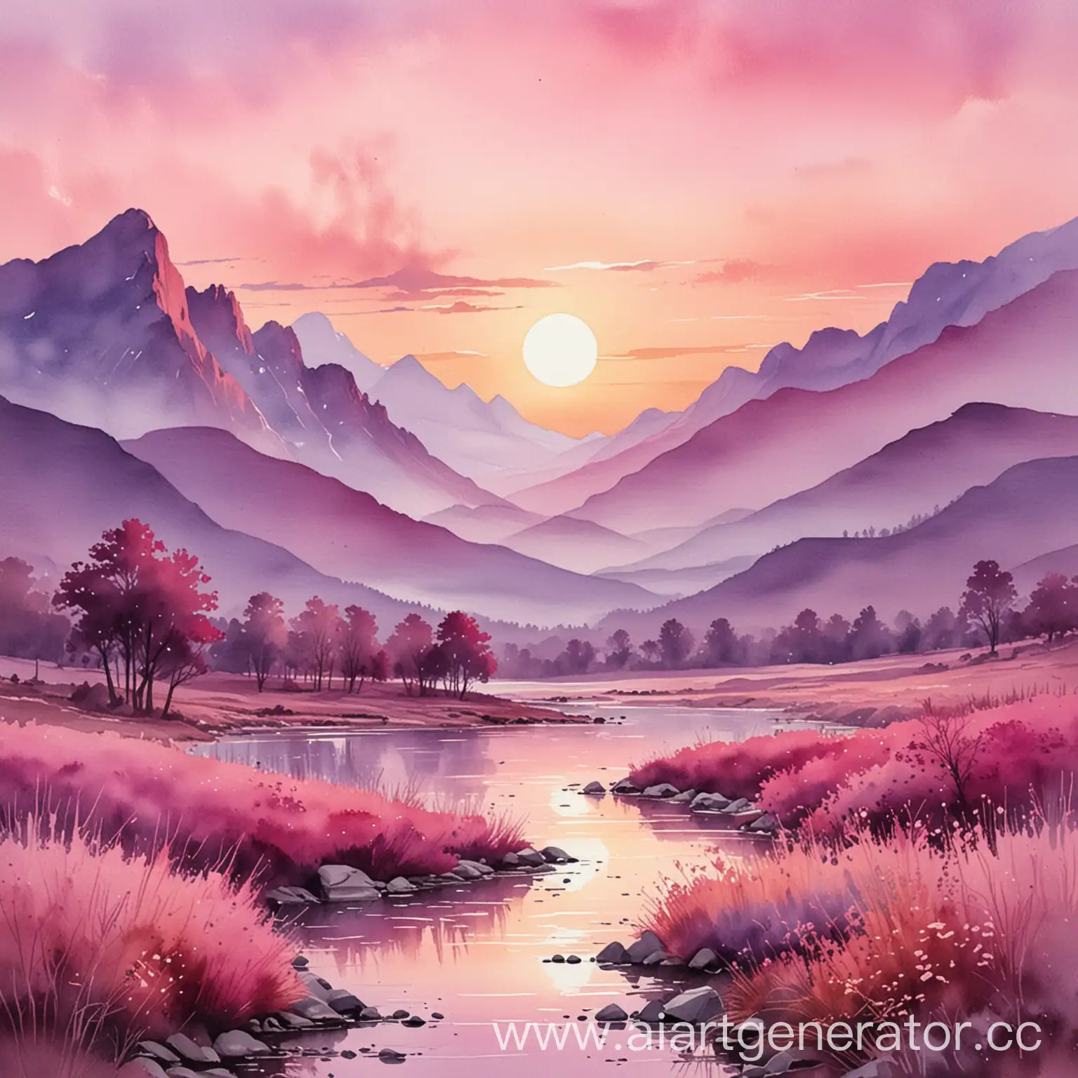 акварельный пейзаж в розово-сиреневых тонах с горами, садящимся солнцем