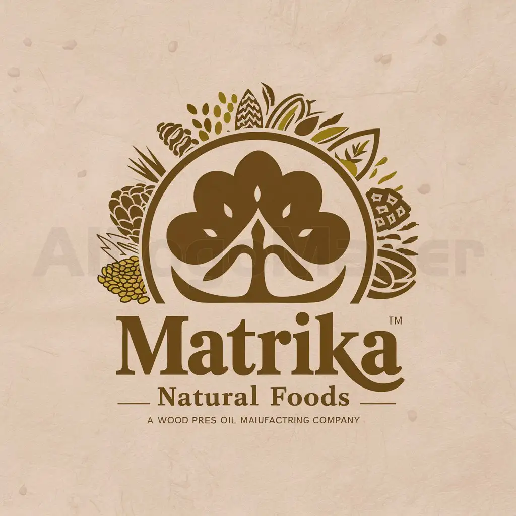 a logo design,with the text "MATRIKA", main symbol:LOGO for wood press oil manufacturing company named MATRIKA natural foods. Need logo that represent authentic wood press oil . should be unique in this cluttered market. Logo should not represent only oil bcz in future many products will be added like grains & its flour, pulses etc.,Moderate,be used in Others industry,clear background