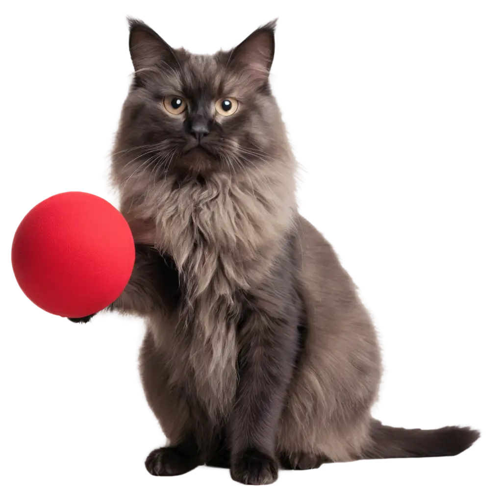 fluffy kitty looks to the side, touches the red ball with his paw.