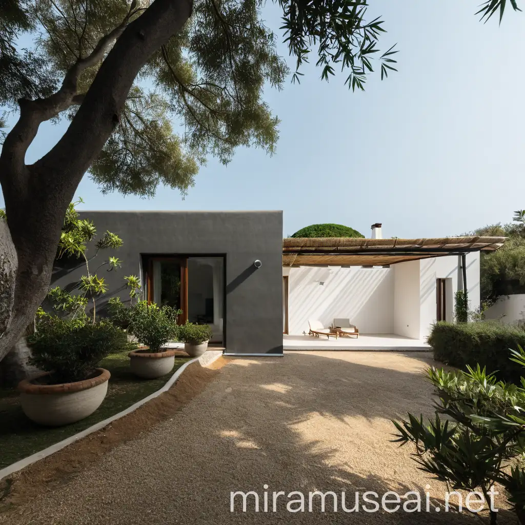 House with contemporary minimalist block on the right and renovated traditional south Italian vulcanic island construction on the left. With patio on right in front of contemporary building and bamboo canopy