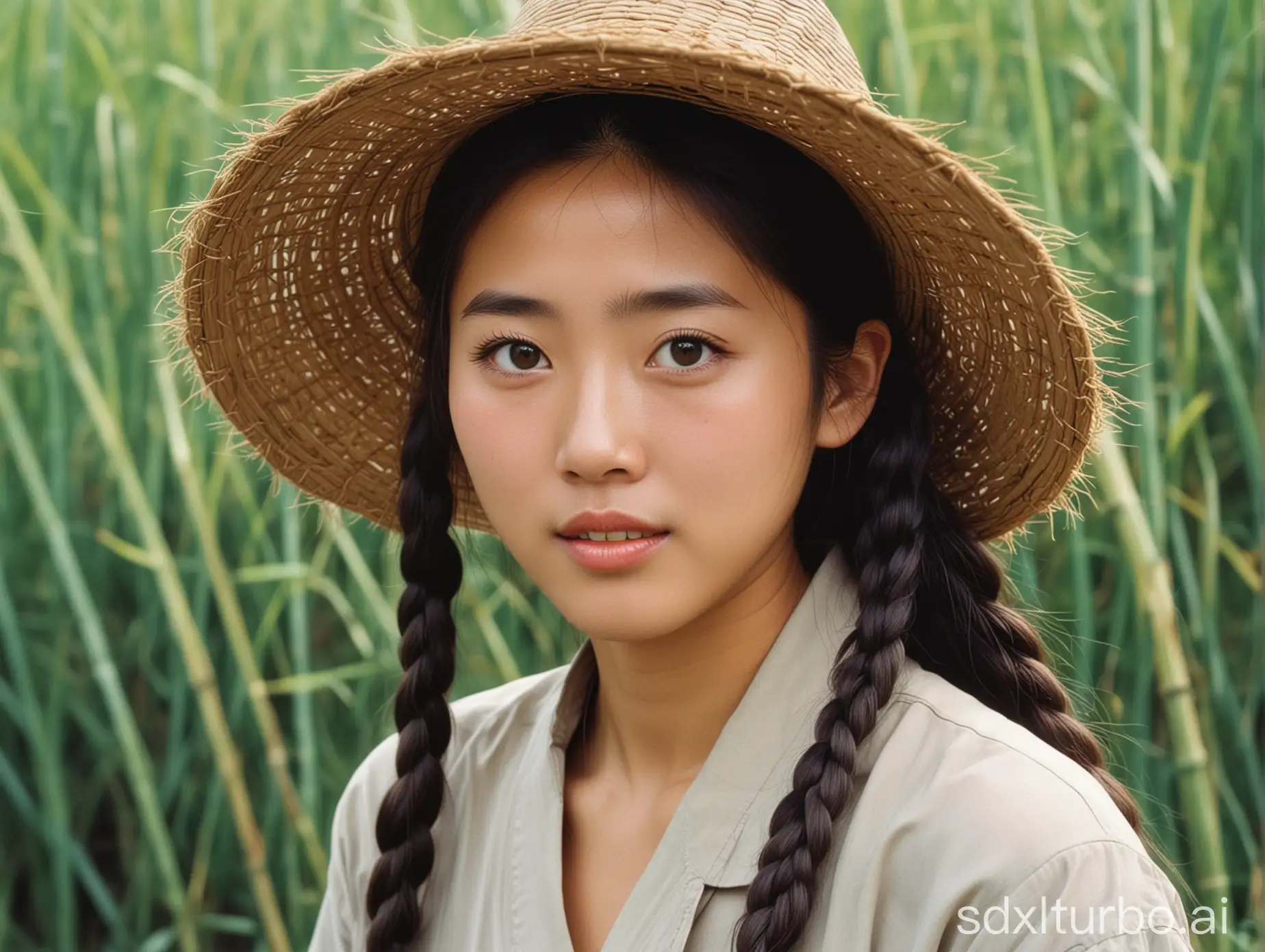  中国少女，90年代，辫子粗又长，农村姑娘，美丽的大眼睛、戴着斗笠，在田野上干农活儿