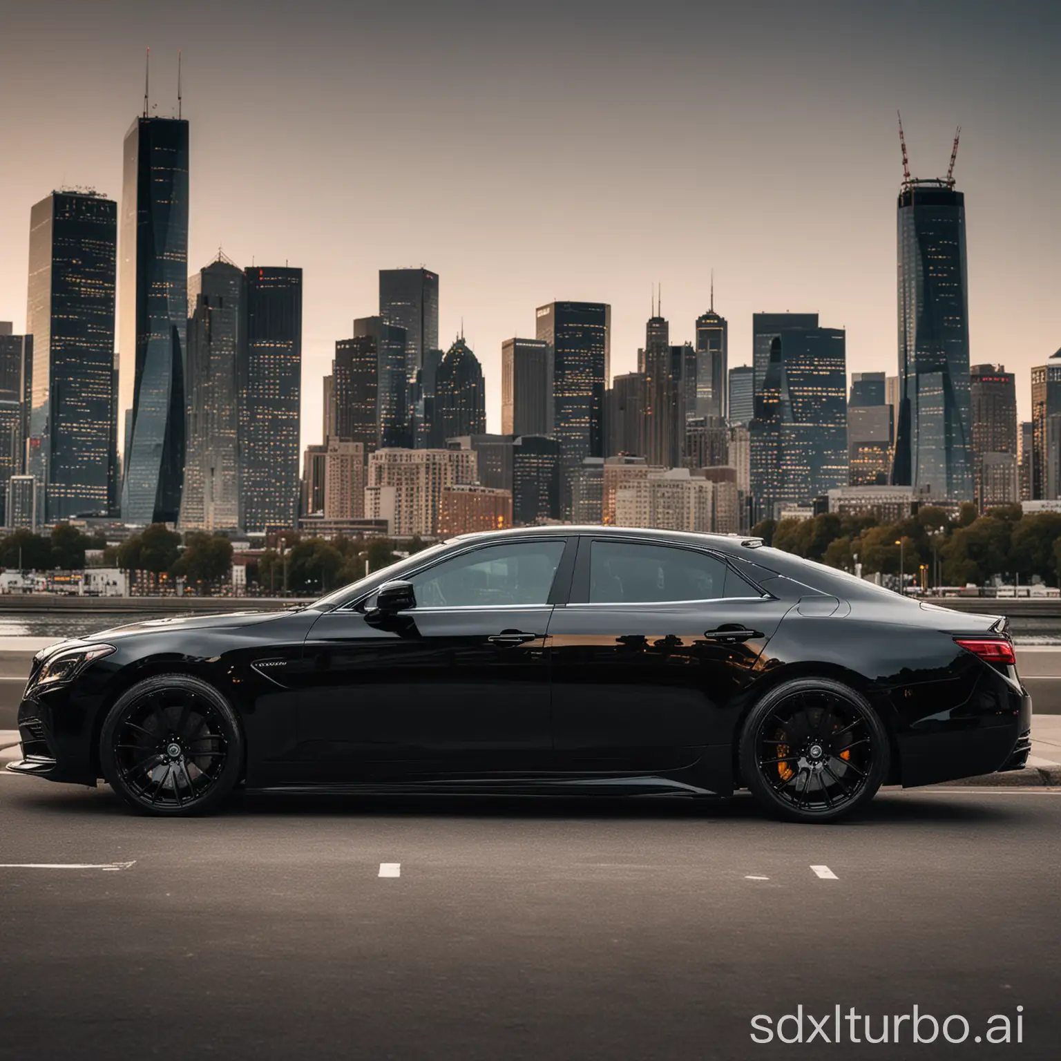A black car parked in front of a city skyline. The car is a luxury model with a shiny paint job and tinted windows.