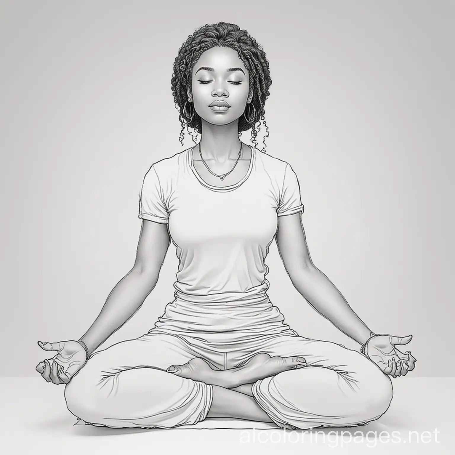 Black woman meditating, Coloring Page, black and white, line art, white background, Simplicity, Ample White Space. The background of the coloring page is plain white to make it easy for young children to color within the lines. The outlines of all the subjects are easy to distinguish, making it simple for kids to color without too much difficulty
