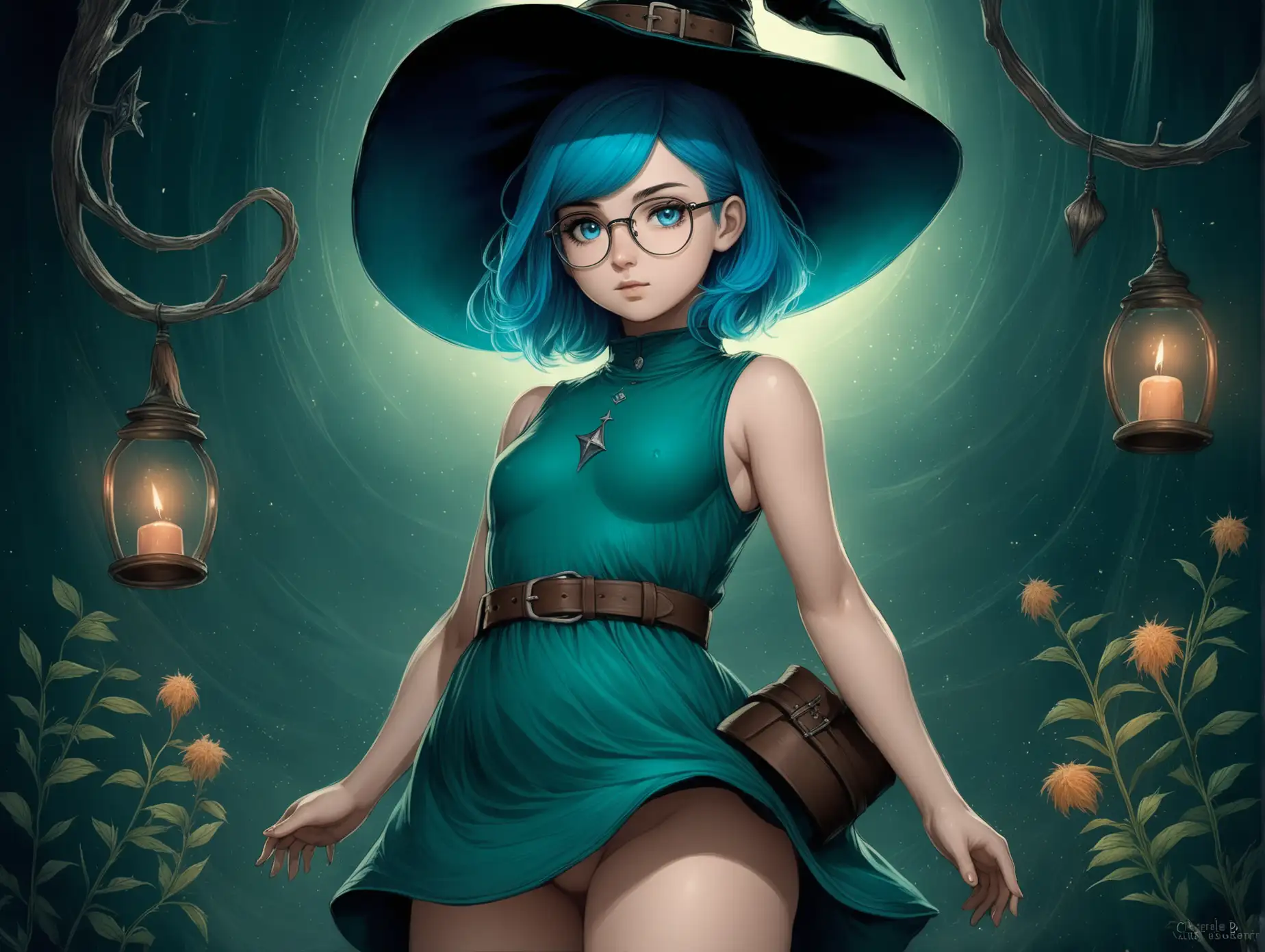 25-year-old girl, herbalist-witch, bright blue hair, in glasses, bright blue eyes, short bob hairstyle, in a short green dress with a brown belt and a stand-up collar, small breasts, large buttocks, slightly chubby figure, in a witch's hat, Dark Fantasy, anime, Charlie Bowater, pastel, dark background