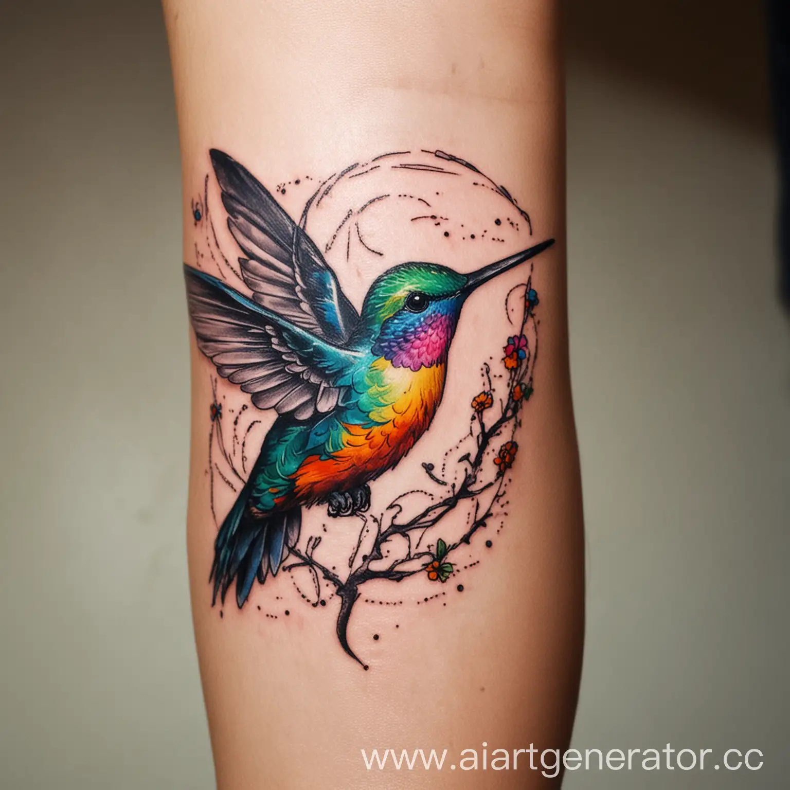 нарисуй цветную татуировку на руке на тему птица колибри, Сингапур, путешествие, самолет, легкость
