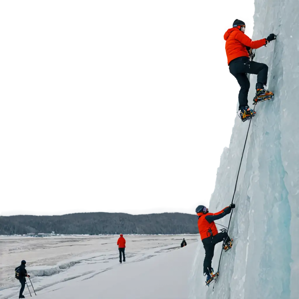 People climbing on the ice mountain near river side