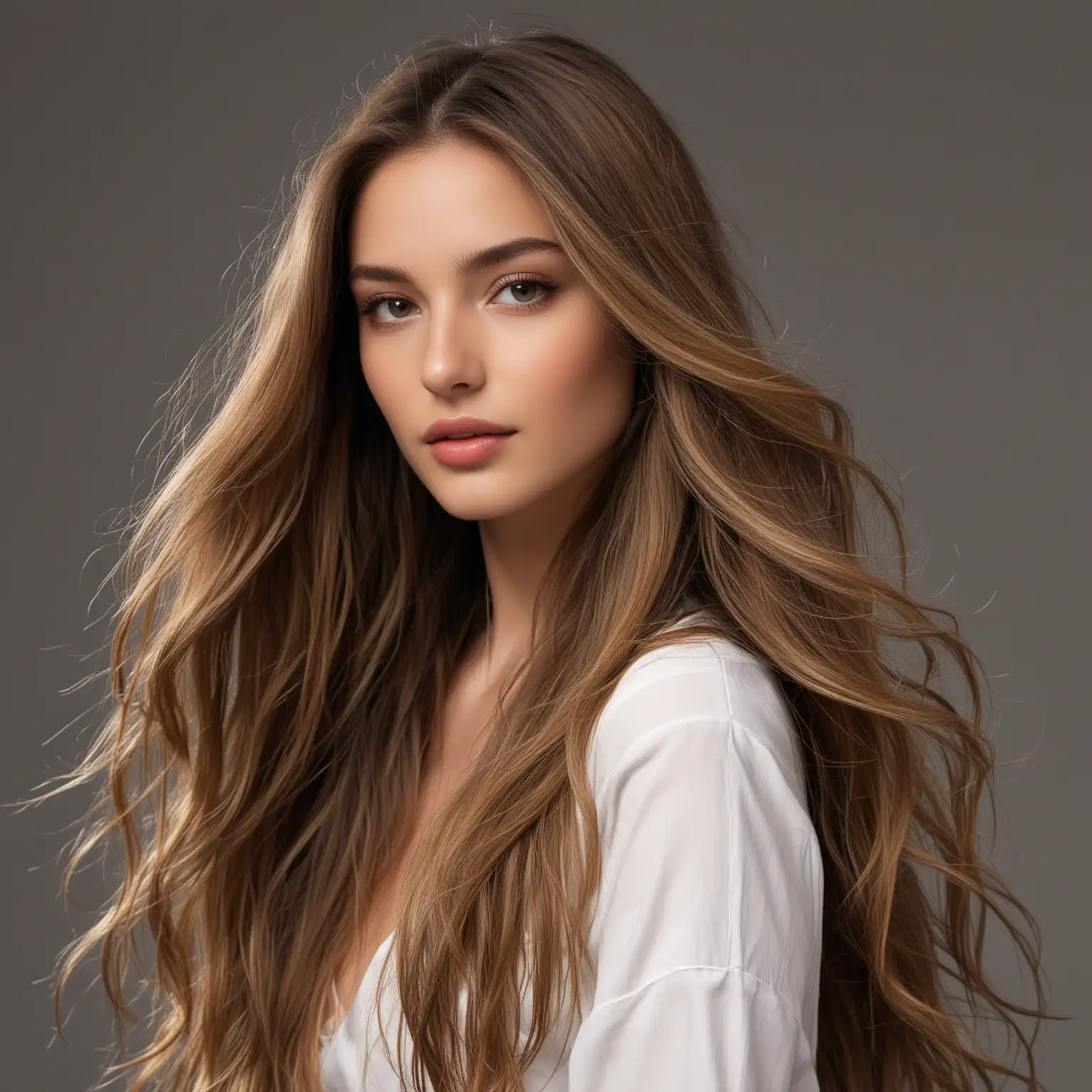 AI Models Macazine , Perfil model with spectacular long brunette balayage hair