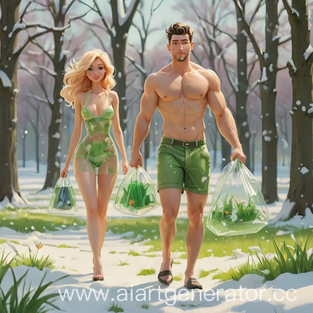 мультяшная весна, снег и зеленая трава, полураздетые мужчина с женщиной идут с прозрачной сумкой по парку
