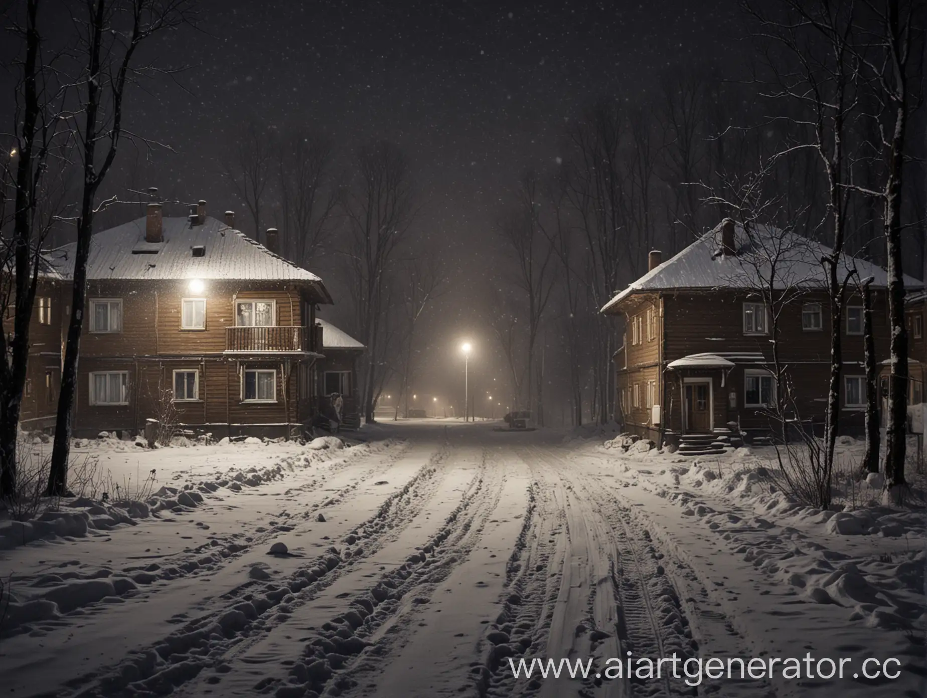 Snowy-Russian-Houses-at-Night-Traditional-Village-Scene-in-Winter-Snowfall