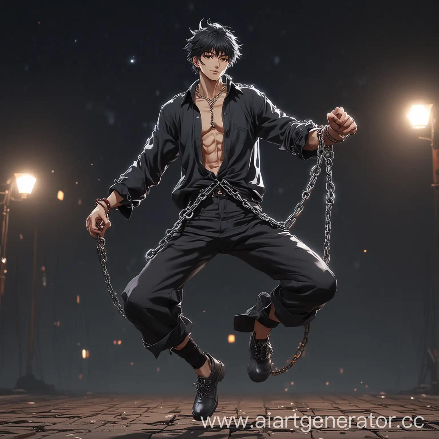 радостно энергично танцующий аниме персонаж в цепях мужского пола ночью в одежде 