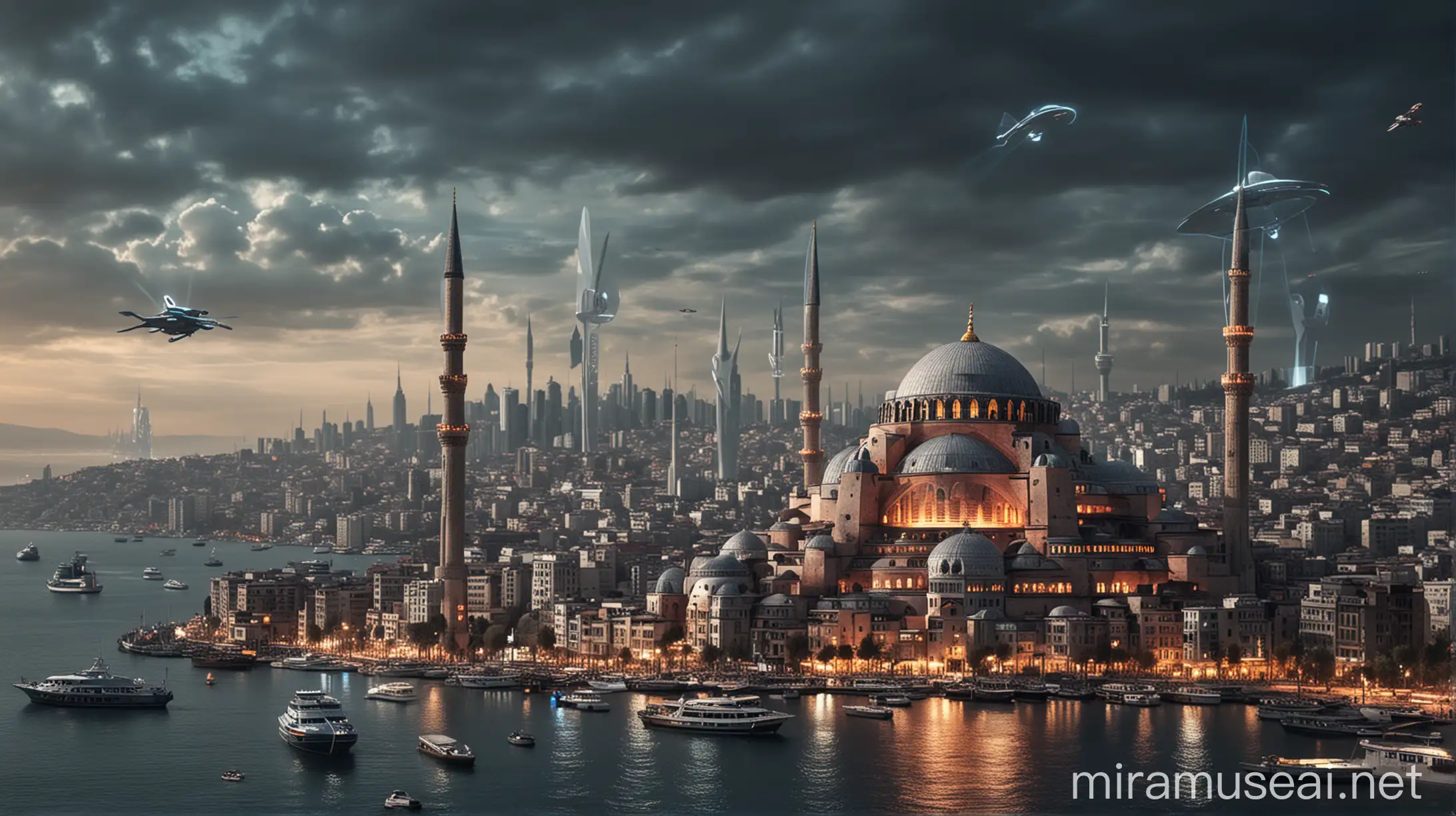 Futuristic Istanbul Cityscape at Night with Glowing Skyscrapers