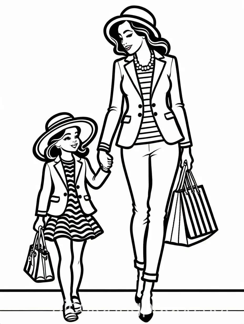 Mom and child depicted as fashionista divas in common situation, detailed scene, black and white coloring page, Coloring Page, black and white, line art, white background, Simplicity, Ample White Space. The background of the coloring page is plain white to make it easy for young children to color within the lines. The outlines of all the subjects are easy to distinguish, making it simple for kids to color without too much difficulty