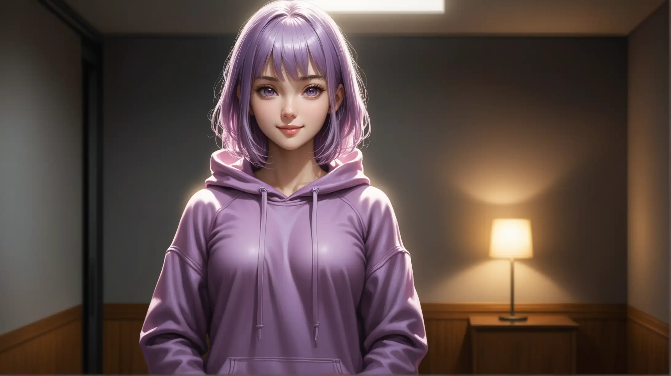 Draw a woman, shoulder length light purple hair, messy bangs framing her face, light purple eyes, petite figure, high quality, realistic, accurate, detailed, long shot, indoors, standing, full body, dim lighting, seductive pose, hoodie, smiling at the viewer