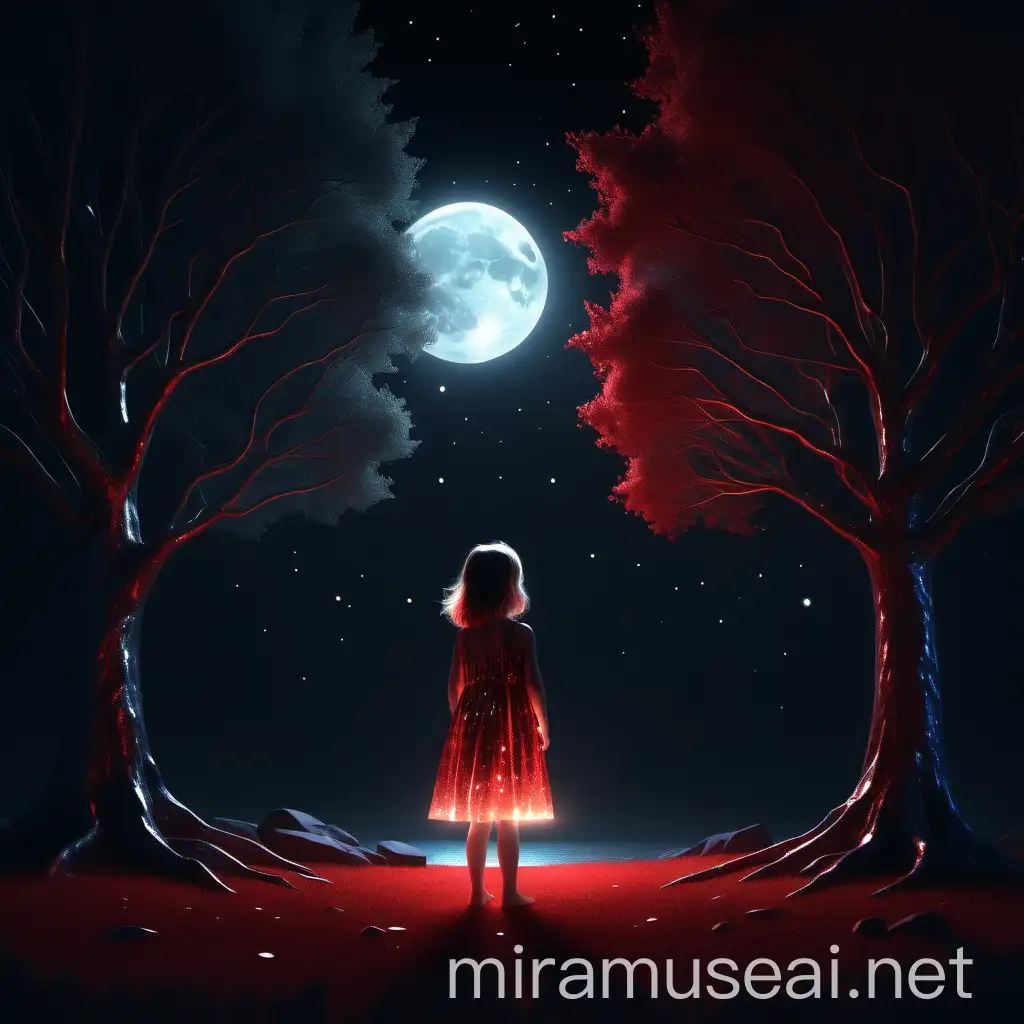 3D 8k minimal realstic illustrator minimal tree glittering and shinning with her glassy light dress little girl watching it art the midnight with red moon