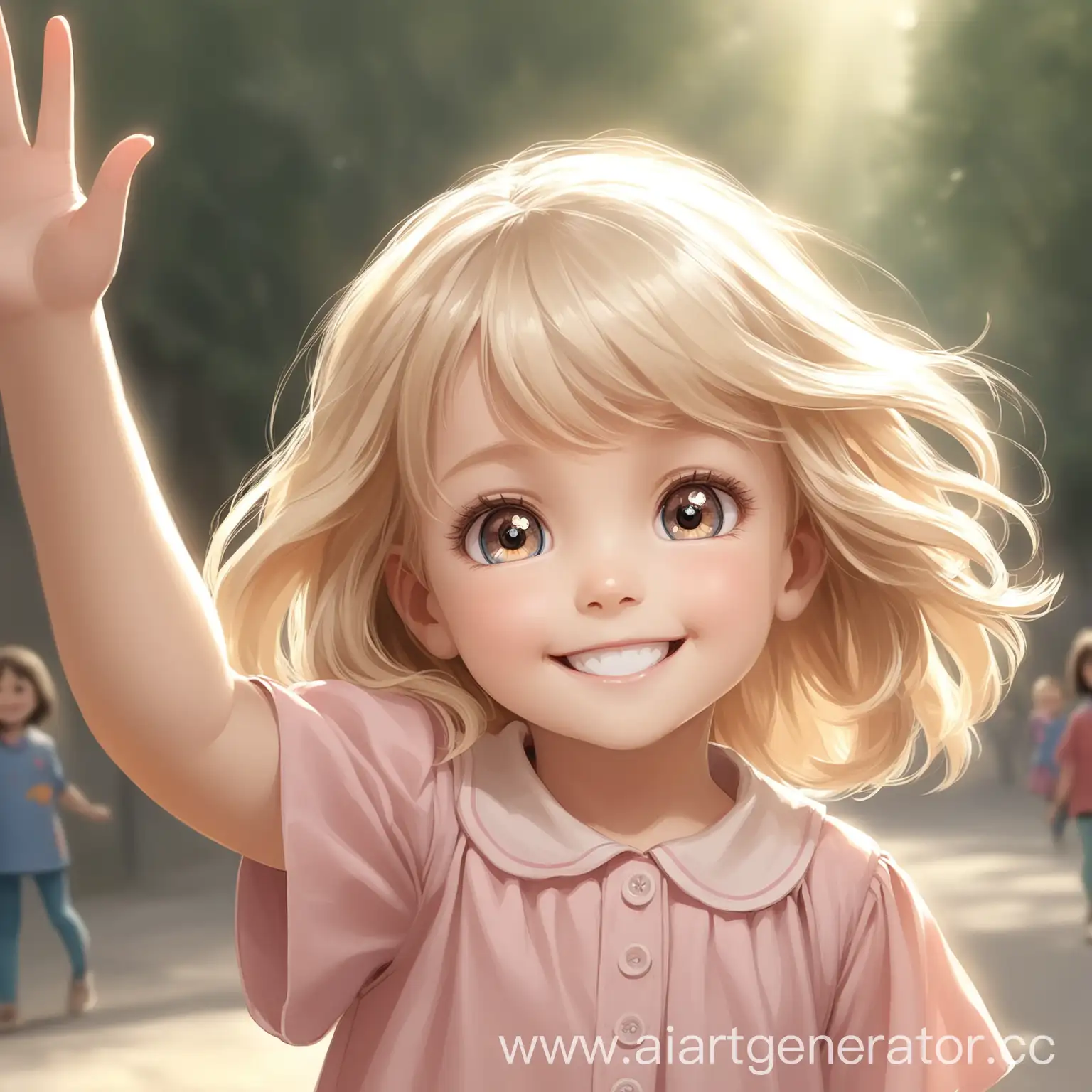 Маленькая девочка со светлыми волосами улыбается и машет рукой