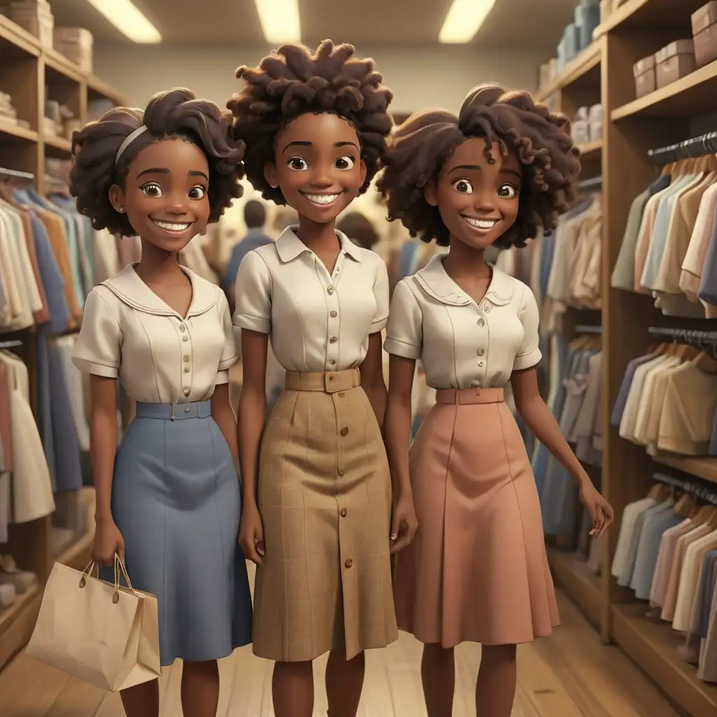 1900s defined 3D Cartoon-style African American teens going clothes shopping
smiling